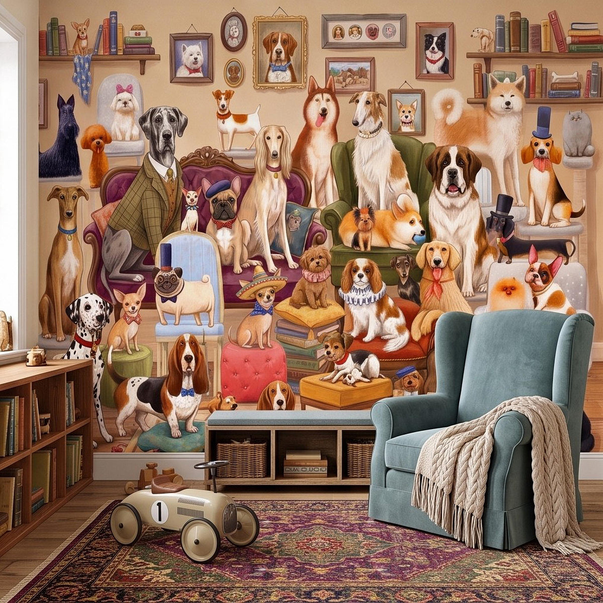 Whimsical Dogs Peel and Stick Wall Mural, Vintage Canine Gathering Playful Pet Illustration Colorful Storybook Animal Wallpaper - The Fine Art Murals