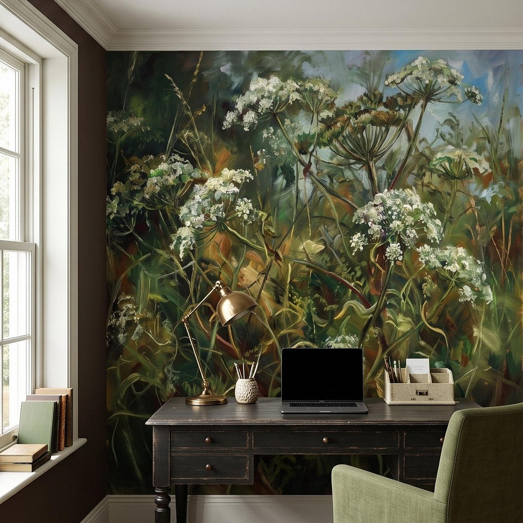 Wildflower Meadow Peel and Stick Wall Mural, White Queen Anne’s Lace Lush Green Botanical Painterly Cottage Garden Wallpaper