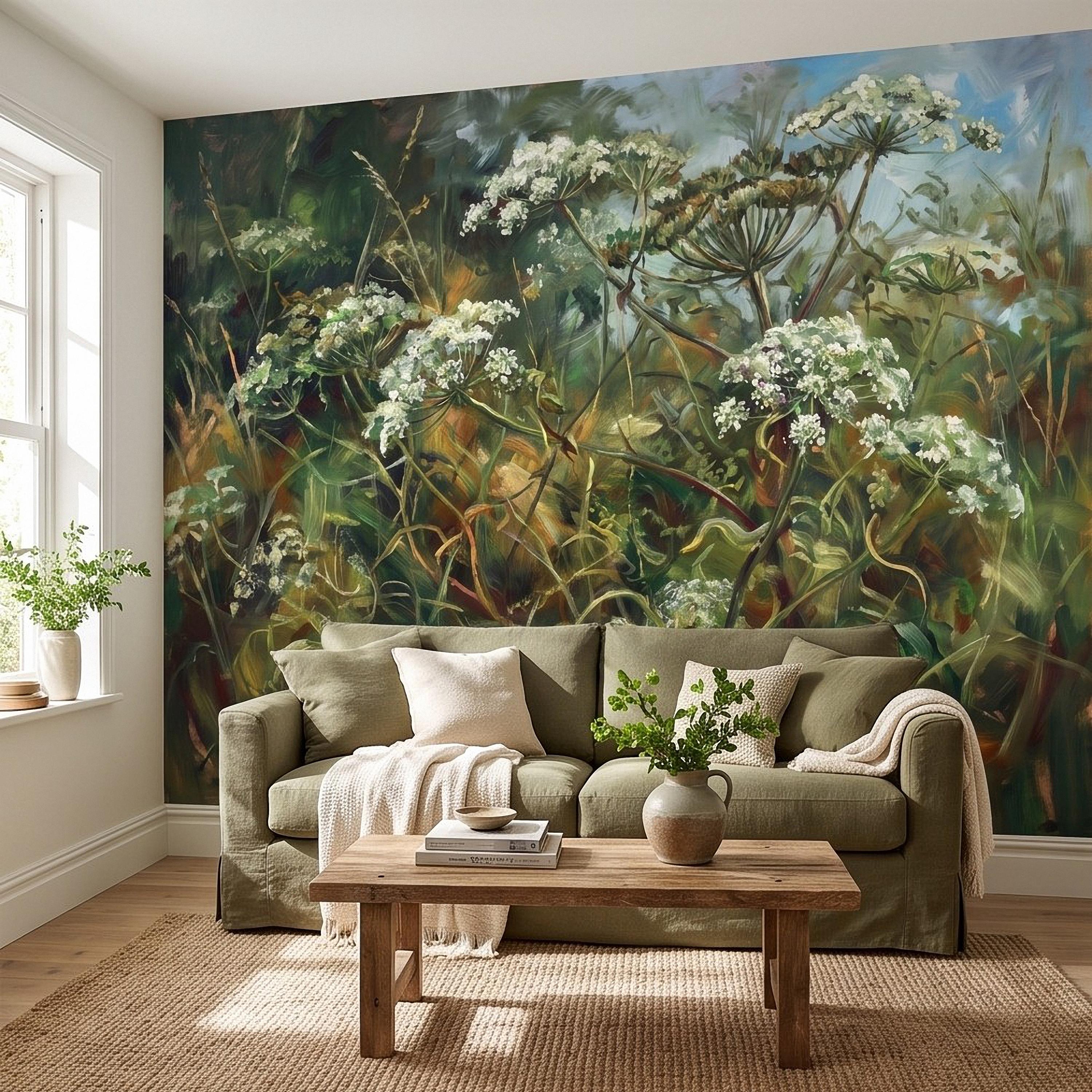 Wildflower Meadow Peel and Stick Wall Mural, White Queen Anne’s Lace Lush Green Botanical Painterly Cottage Garden Wallpaper