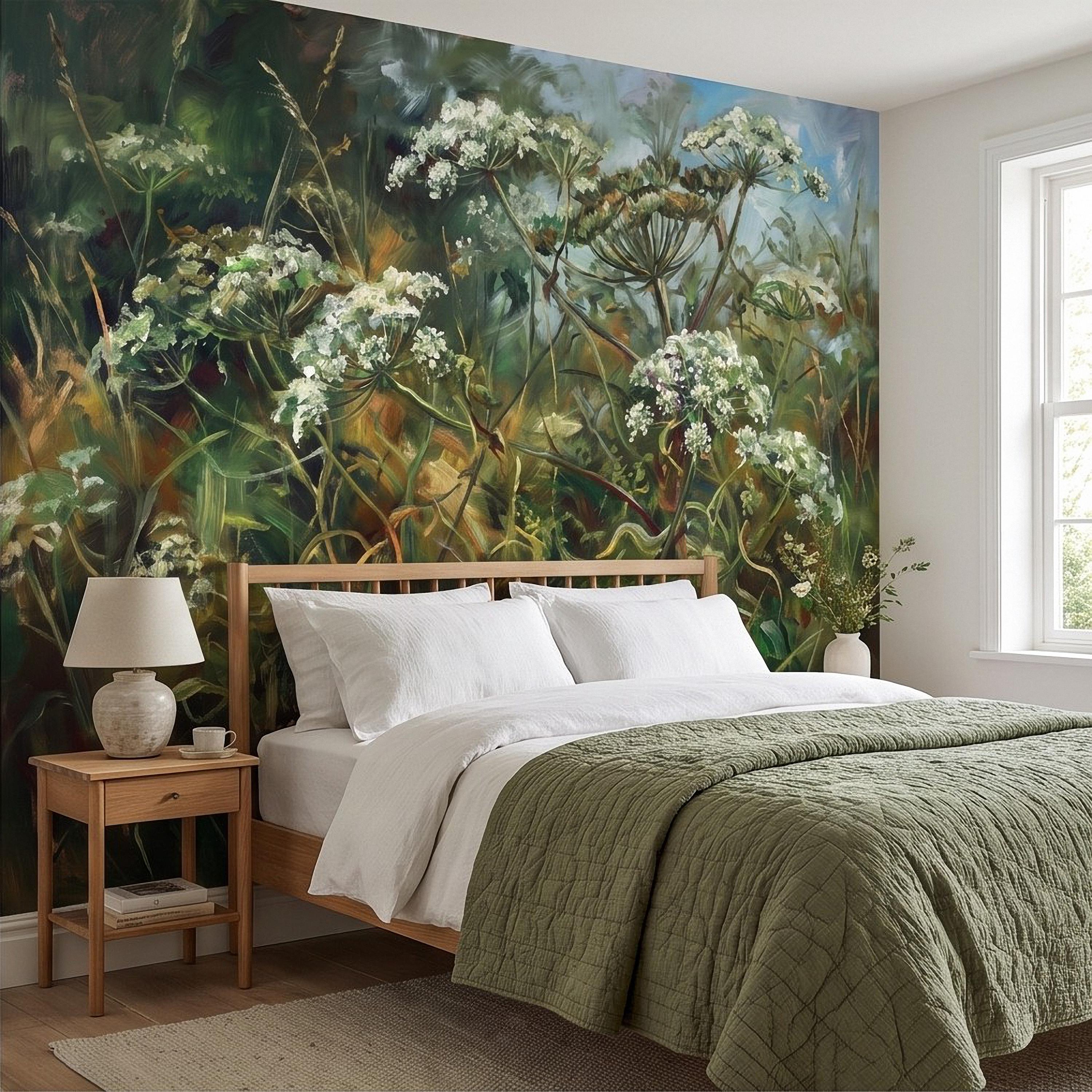 Wildflower Meadow Peel and Stick Wall Mural, White Queen Anne’s Lace Lush Green Botanical Painterly Cottage Garden Wallpaper