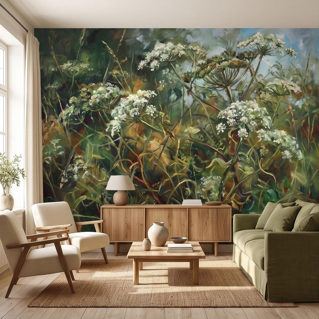 Wildflower Meadow Peel and Stick Wall Mural, White Queen Anne’s Lace Lush Green Botanical Painterly Cottage Garden Wallpaper