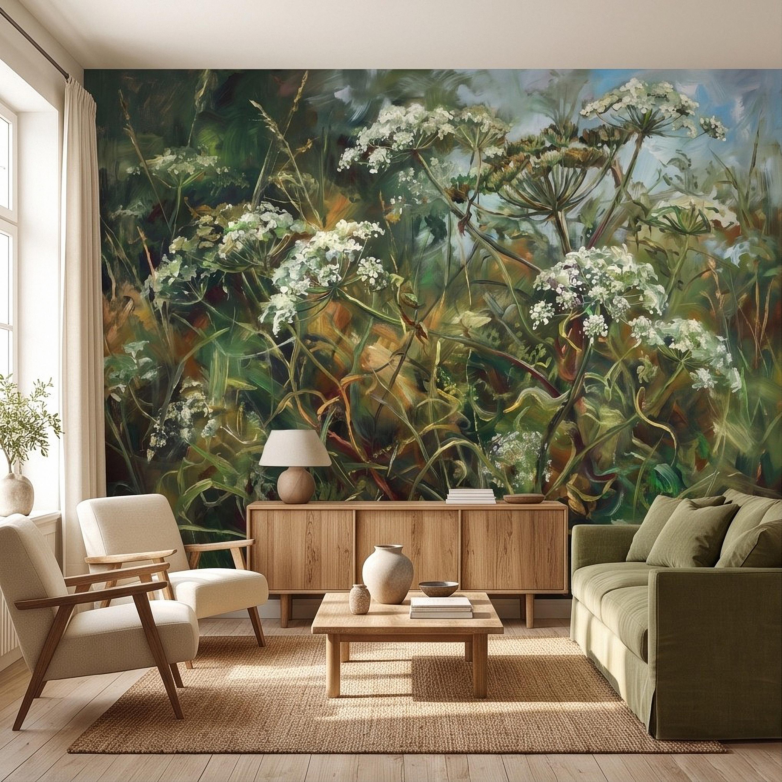 Wildflower Meadow Peel and Stick Wall Mural, White Queen Anne’s Lace Lush Green Botanical Painterly Cottage Garden Wallpaper