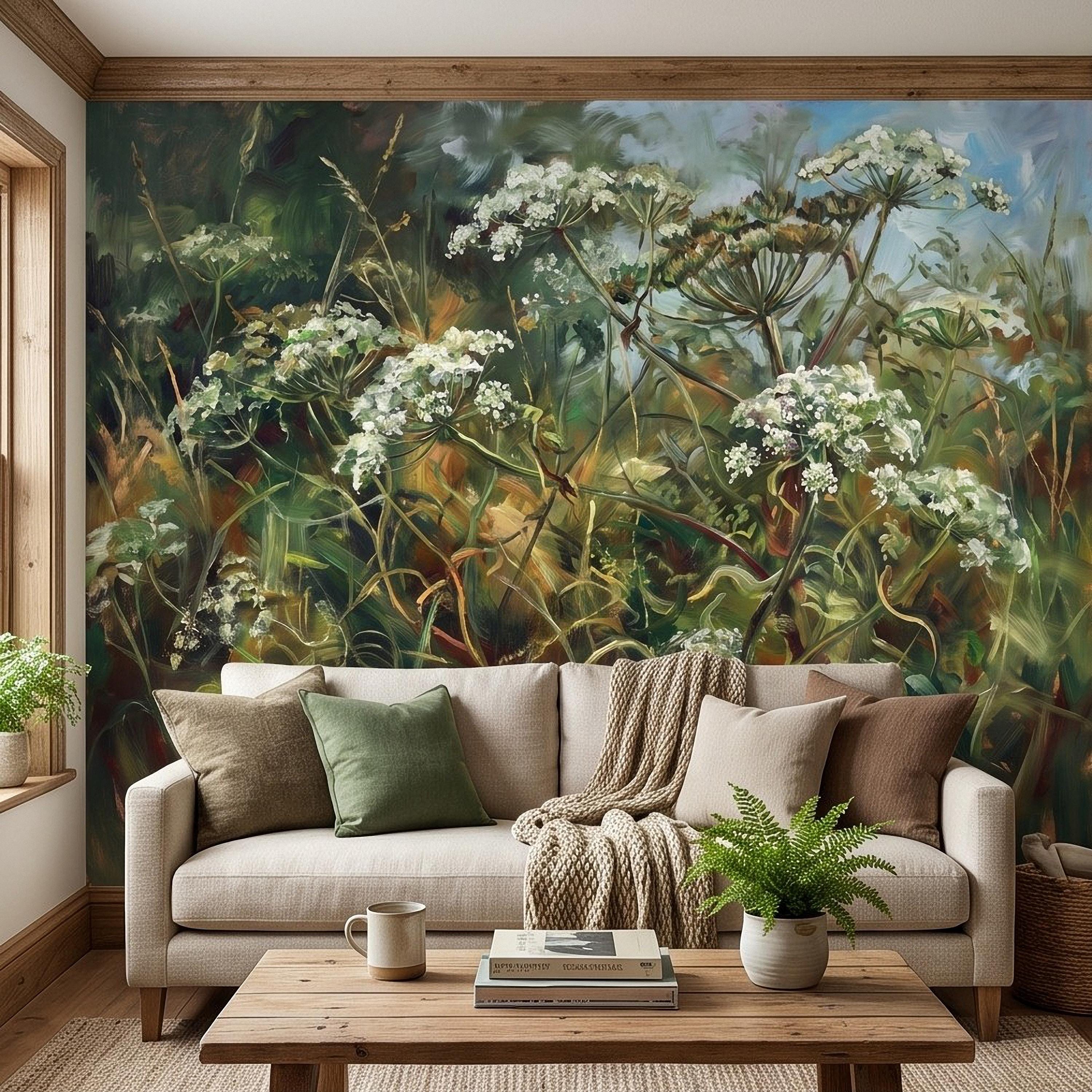 Wildflower Meadow Peel and Stick Wall Mural, White Queen Anne’s Lace Lush Green Botanical Painterly Cottage Garden Wallpaper