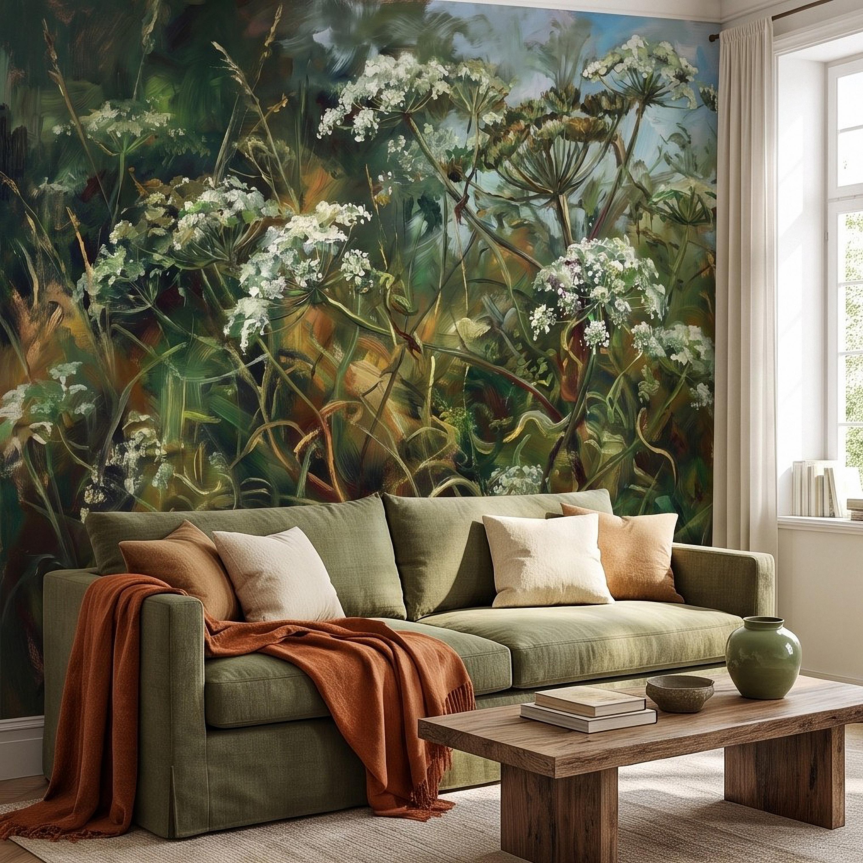 Wildflower Meadow Peel and Stick Wall Mural, White Queen Anne’s Lace Lush Green Botanical Painterly Cottage Garden Wallpaper