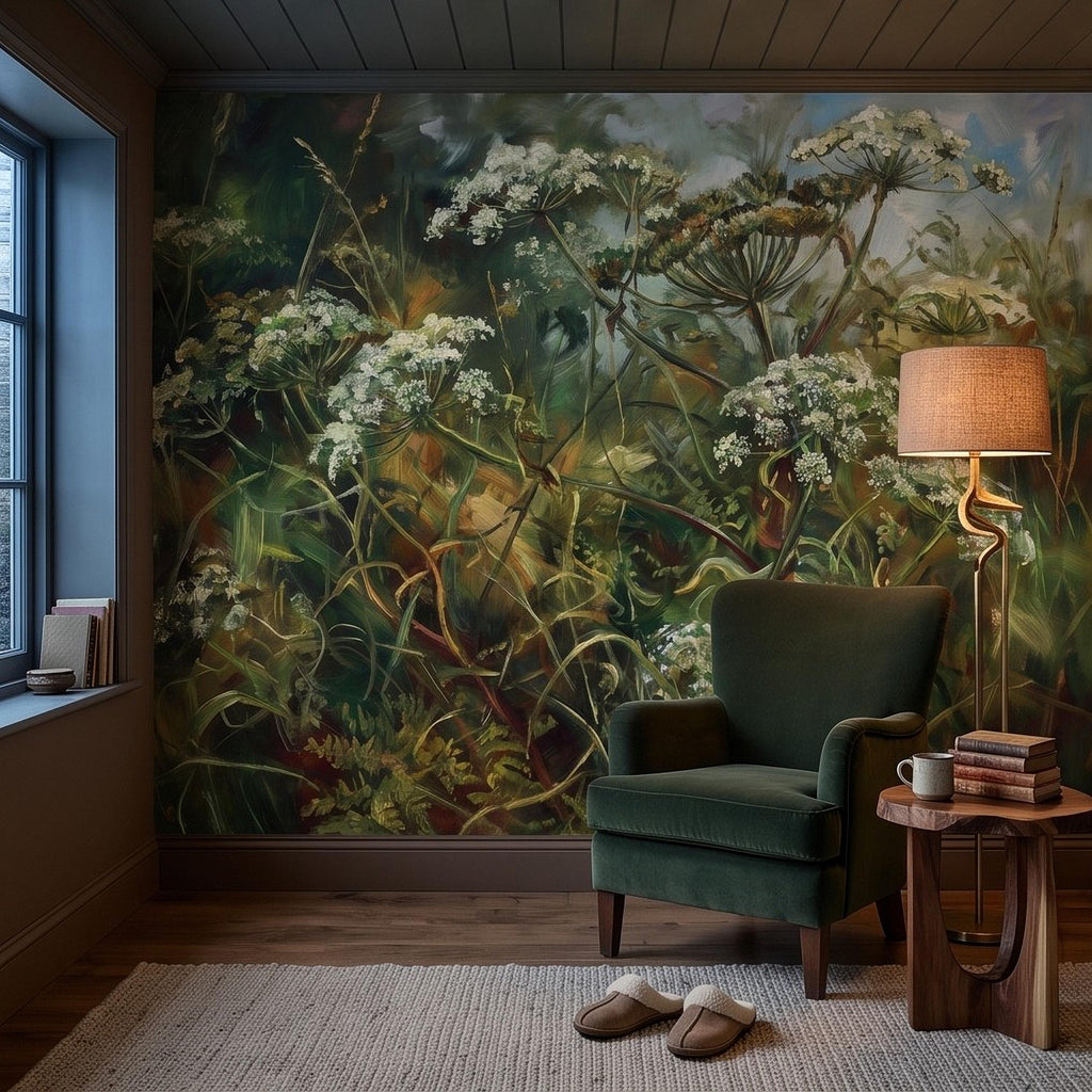 Wildflower Meadow Peel and Stick Wall Mural, White Queen Anne’s Lace Lush Green Botanical Painterly Cottage Garden Wallpaper