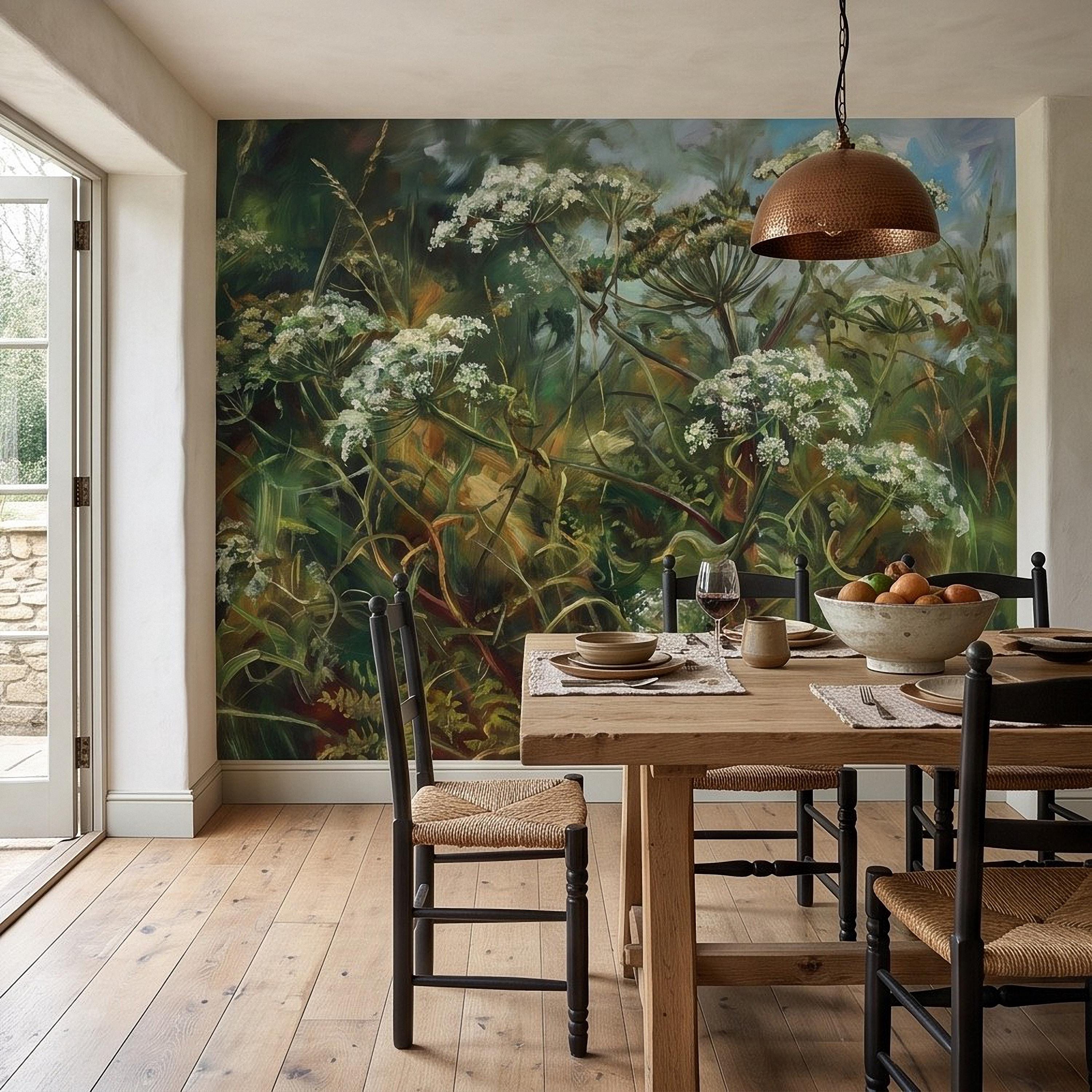Wildflower Meadow Peel and Stick Wall Mural, White Queen Anne’s Lace Lush Green Botanical Painterly Cottage Garden Wallpaper