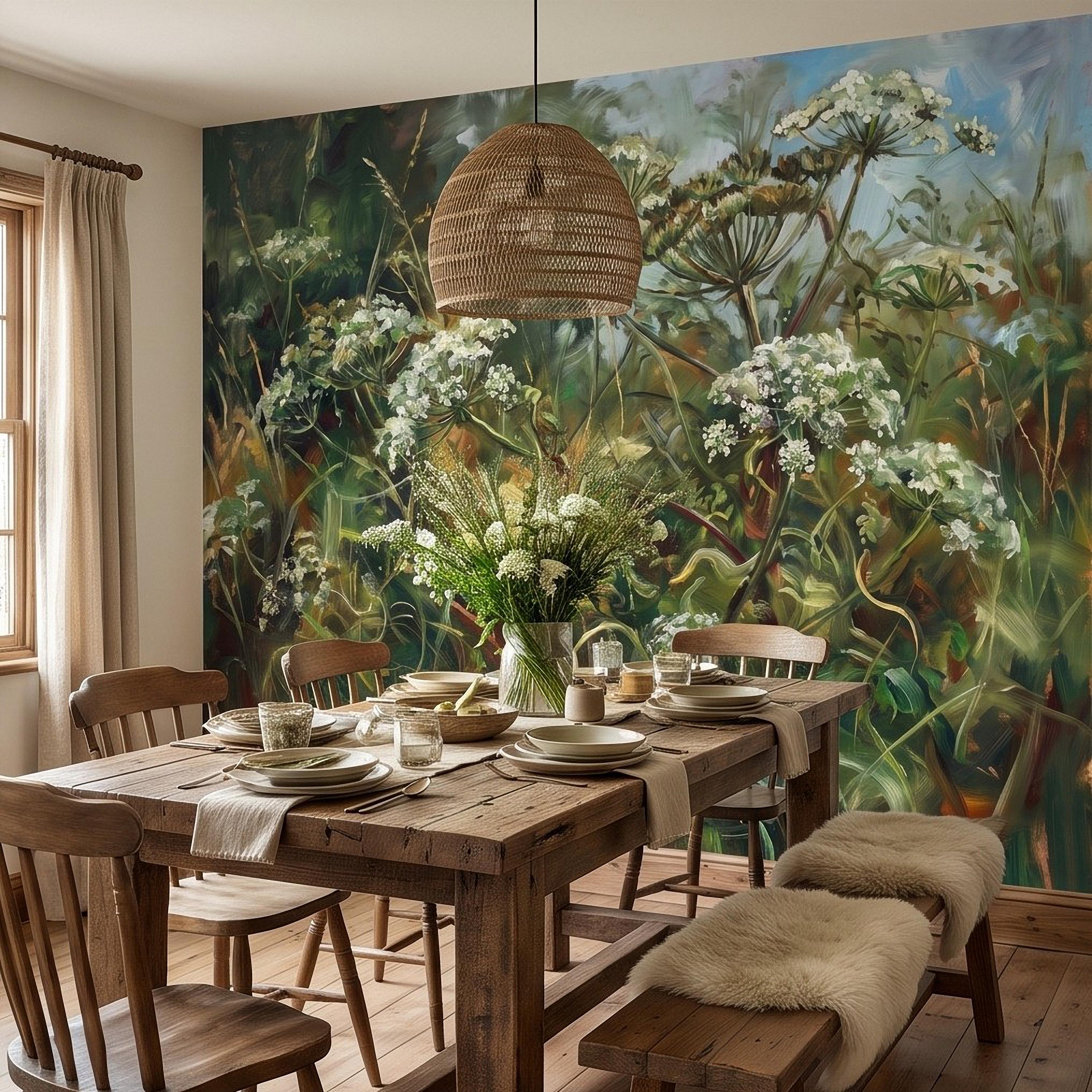 Wildflower Meadow Peel and Stick Wall Mural, White Queen Anne’s Lace Lush Green Botanical Painterly Cottage Garden Wallpaper