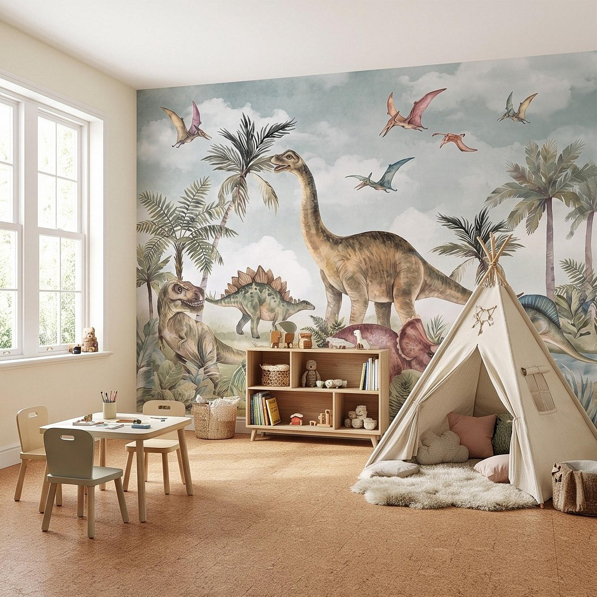 Vintage Dinosaur Adventure Peel and Stick Wall Mural, Prehistoric Jurassic Landscape Lush Tropical Watercolor Kids Wallpaper - The Fine Art Murals