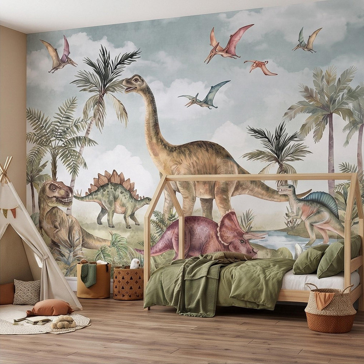 Vintage Dinosaur Adventure Peel and Stick Wall Mural, Prehistoric Jurassic Landscape Lush Tropical Watercolor Kids Wallpaper - The Fine Art Murals