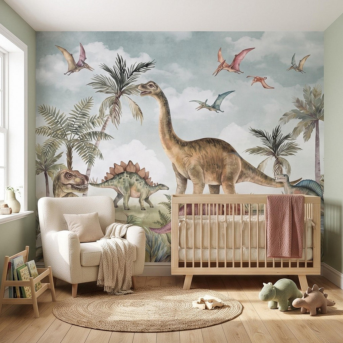 Vintage Dinosaur Adventure Peel and Stick Wall Mural, Prehistoric Jurassic Landscape Lush Tropical Watercolor Kids Wallpaper - The Fine Art Murals