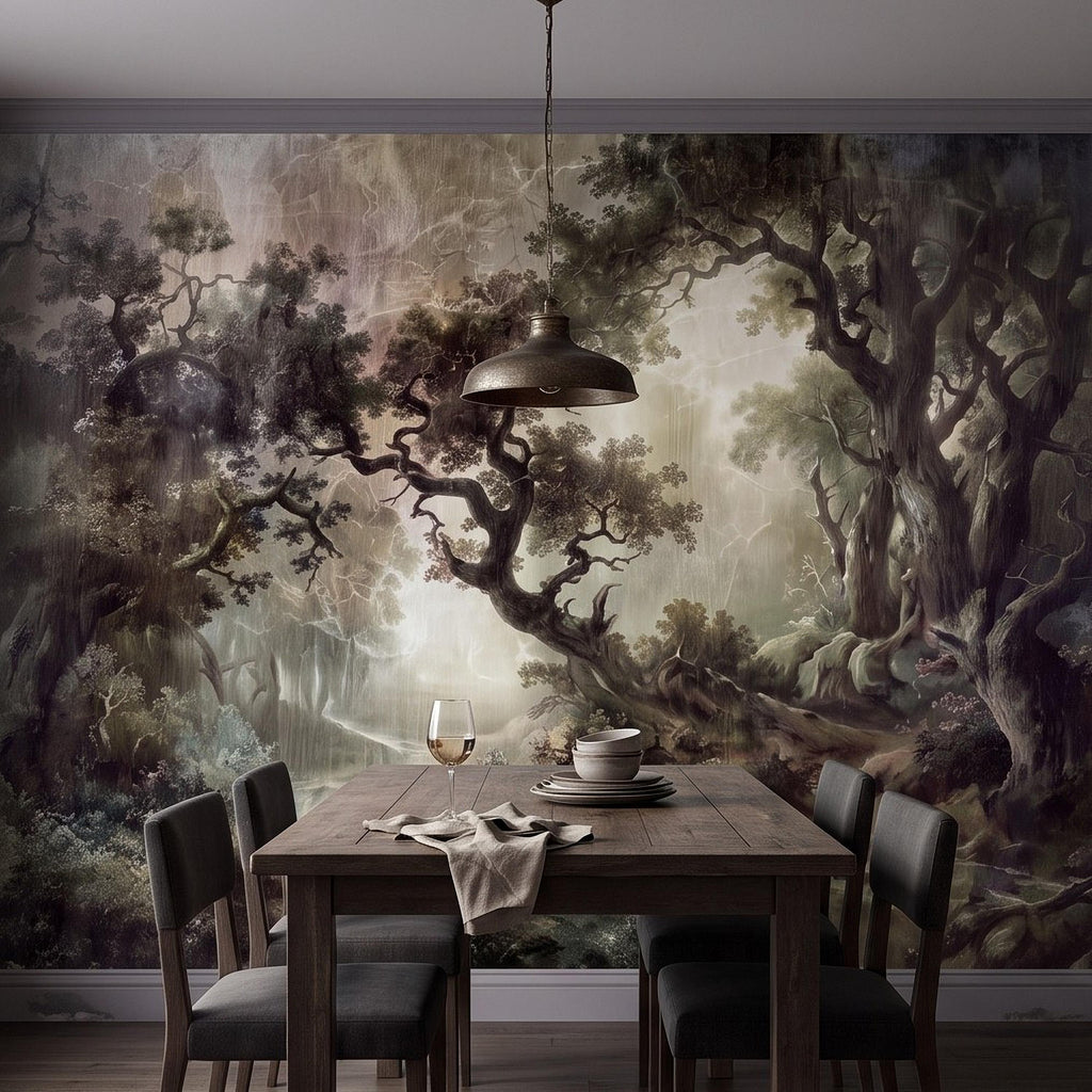 Enchanted Forest Peel and Stick Wall Mural, Mystical Dark Woodland Landscape Vintage Oil Painting Fantasy Trees Scenic Wallpaper
