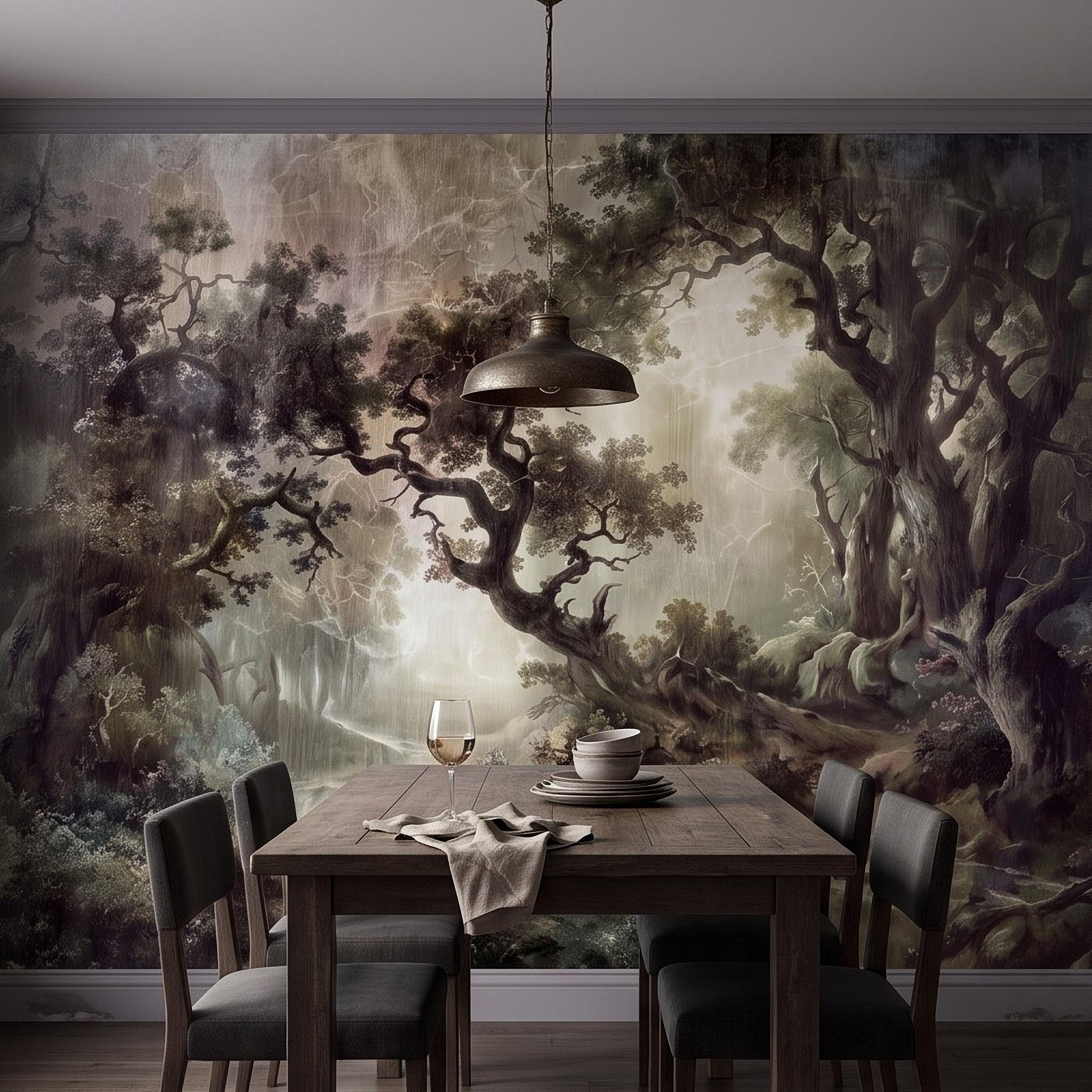 Enchanted Forest Peel and Stick Wall Mural, Mystical Dark Woodland Landscape Vintage Oil Painting Fantasy Trees Scenic Wallpaper