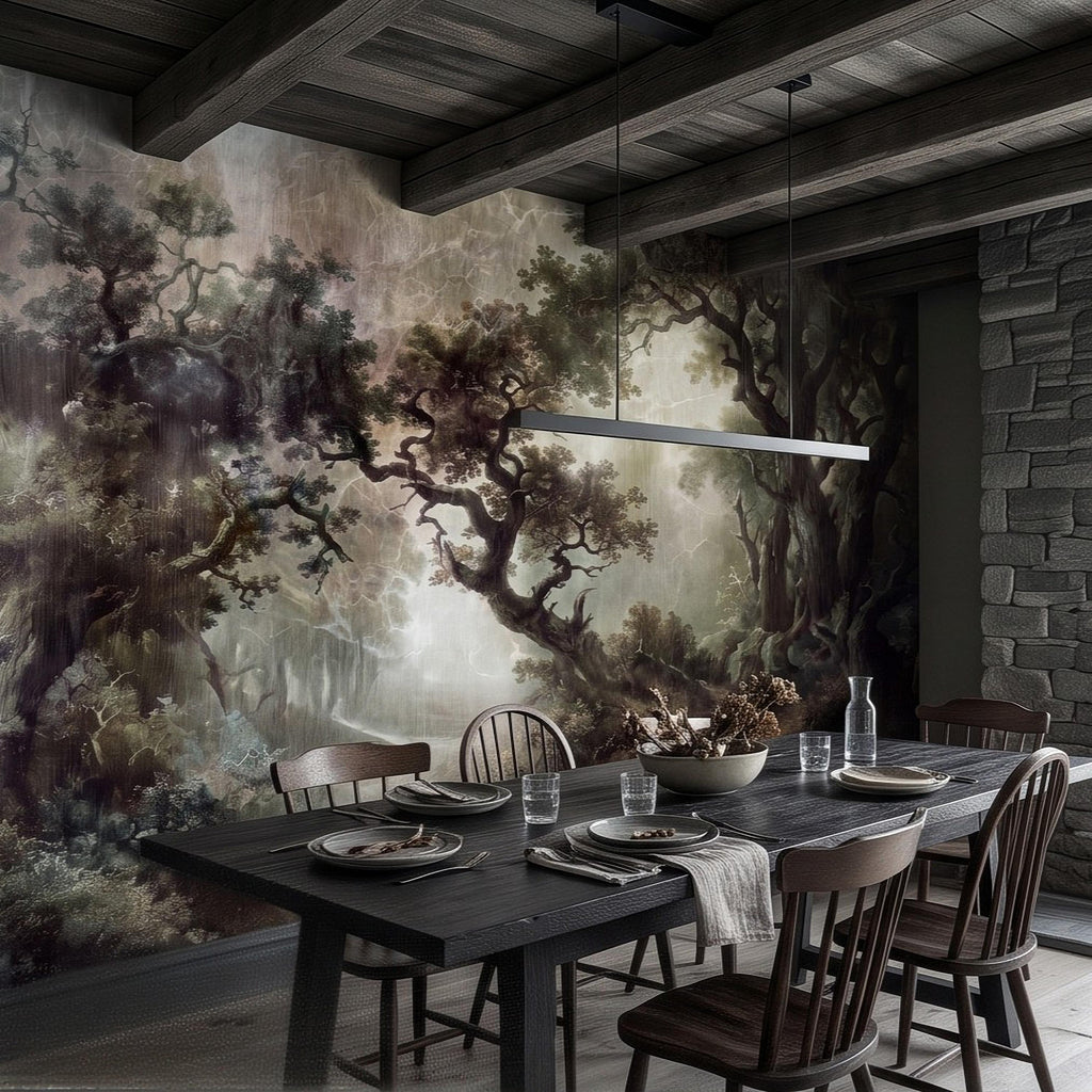 Enchanted Forest Peel and Stick Wall Mural, Mystical Dark Woodland Landscape Vintage Oil Painting Fantasy Trees Scenic Wallpaper
