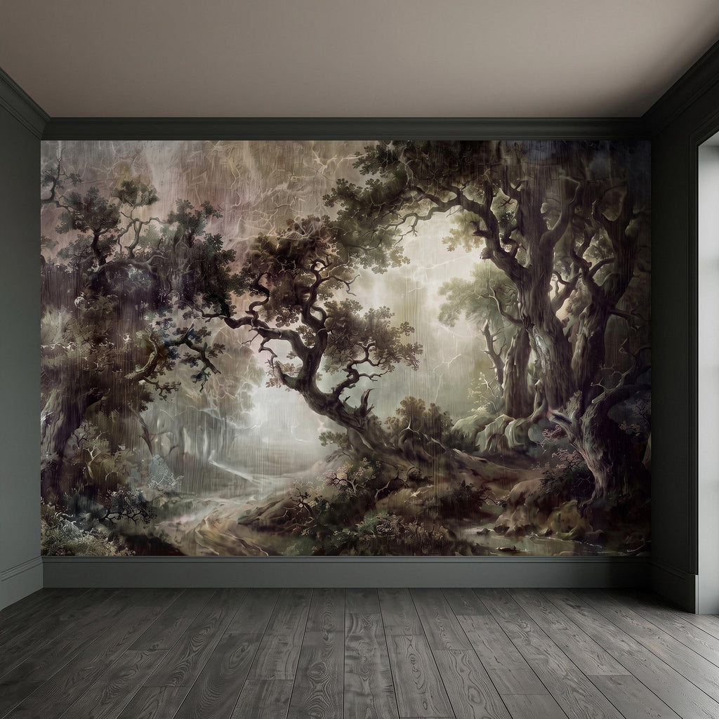 Enchanted Forest Peel and Stick Wall Mural, Mystical Dark Woodland Landscape Vintage Oil Painting Fantasy Trees Scenic Wallpaper