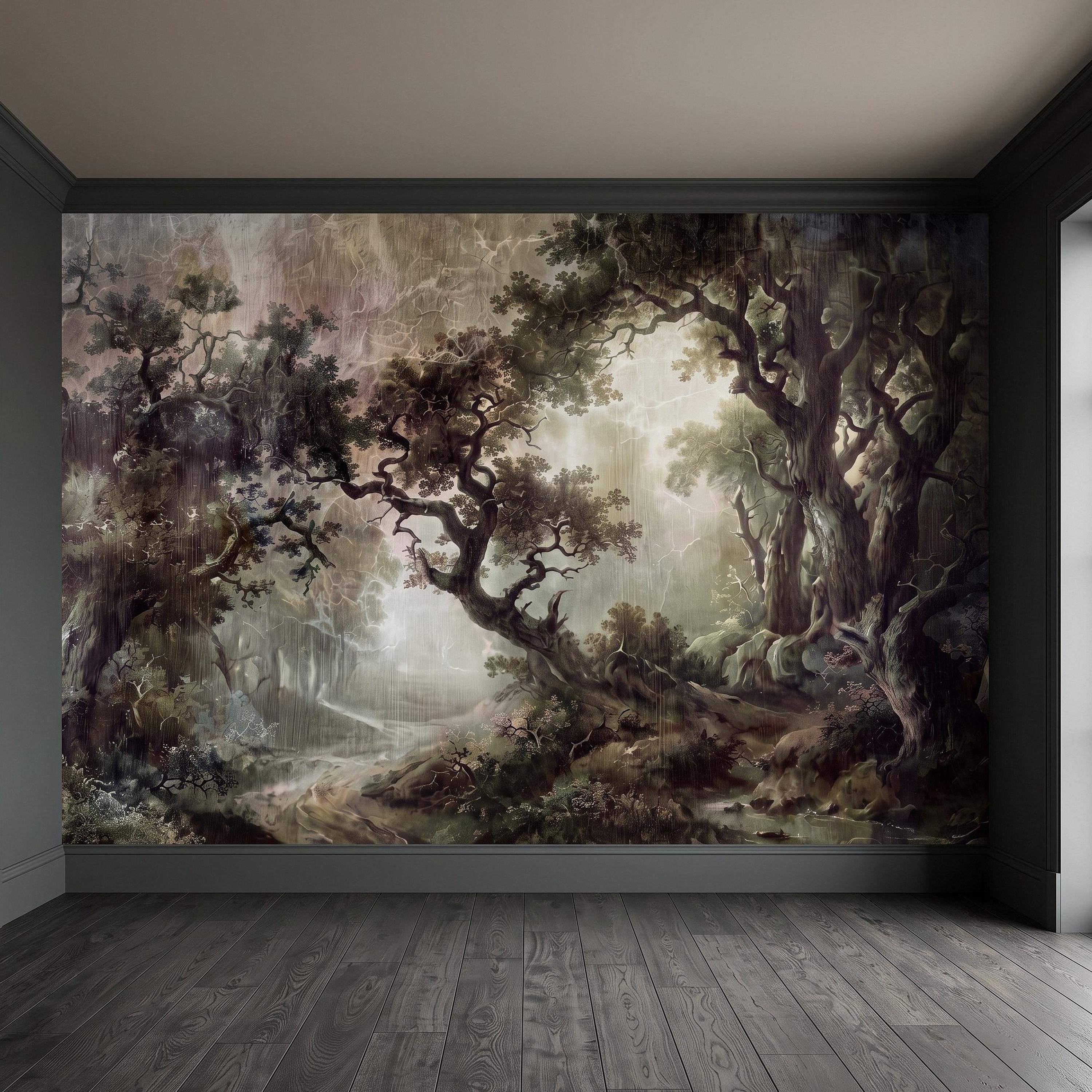 Enchanted Forest Peel and Stick Wall Mural, Mystical Dark Woodland Landscape Vintage Oil Painting Fantasy Trees Scenic Wallpaper