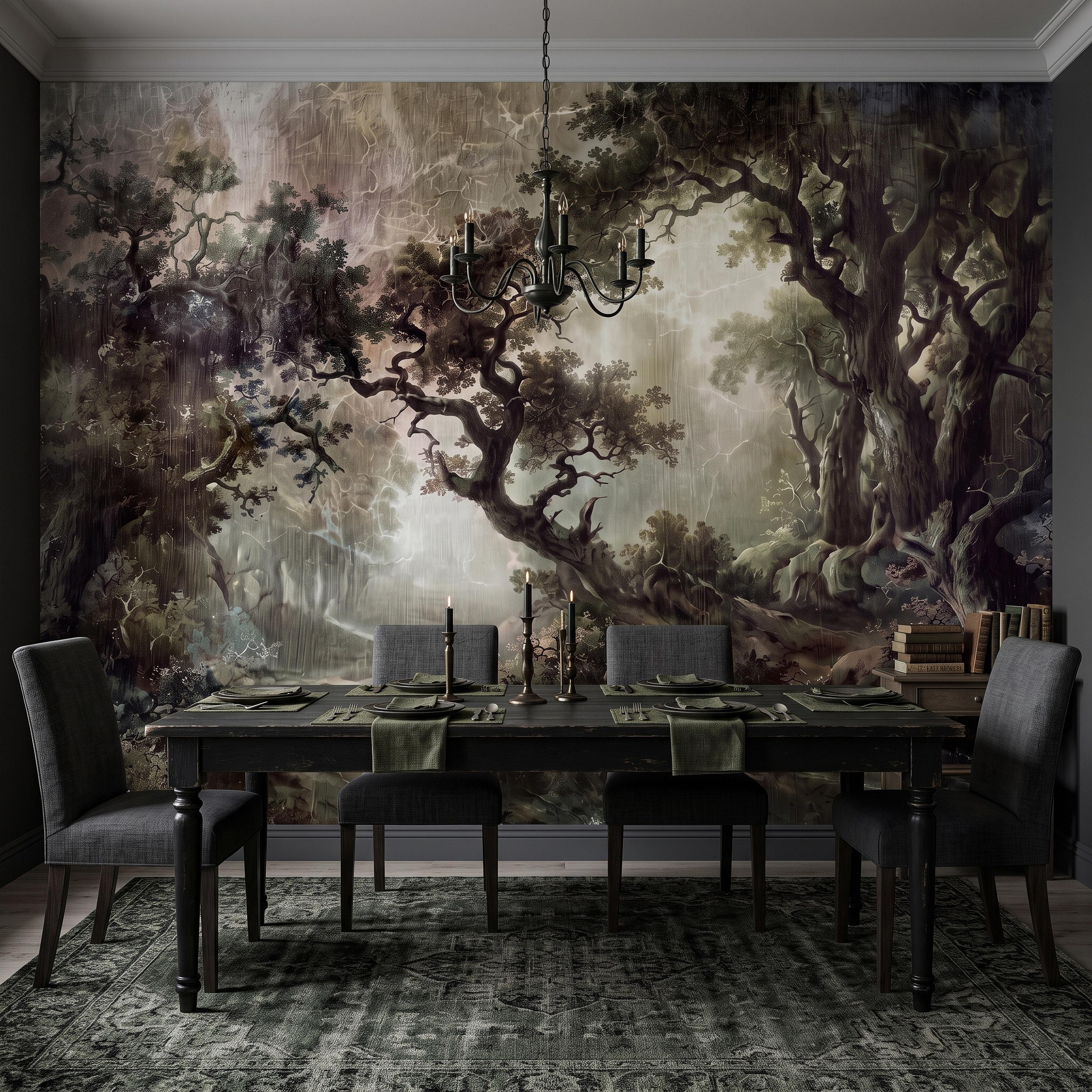 Enchanted Forest Peel and Stick Wall Mural, Mystical Dark Woodland Landscape Vintage Oil Painting Fantasy Trees Scenic Wallpaper