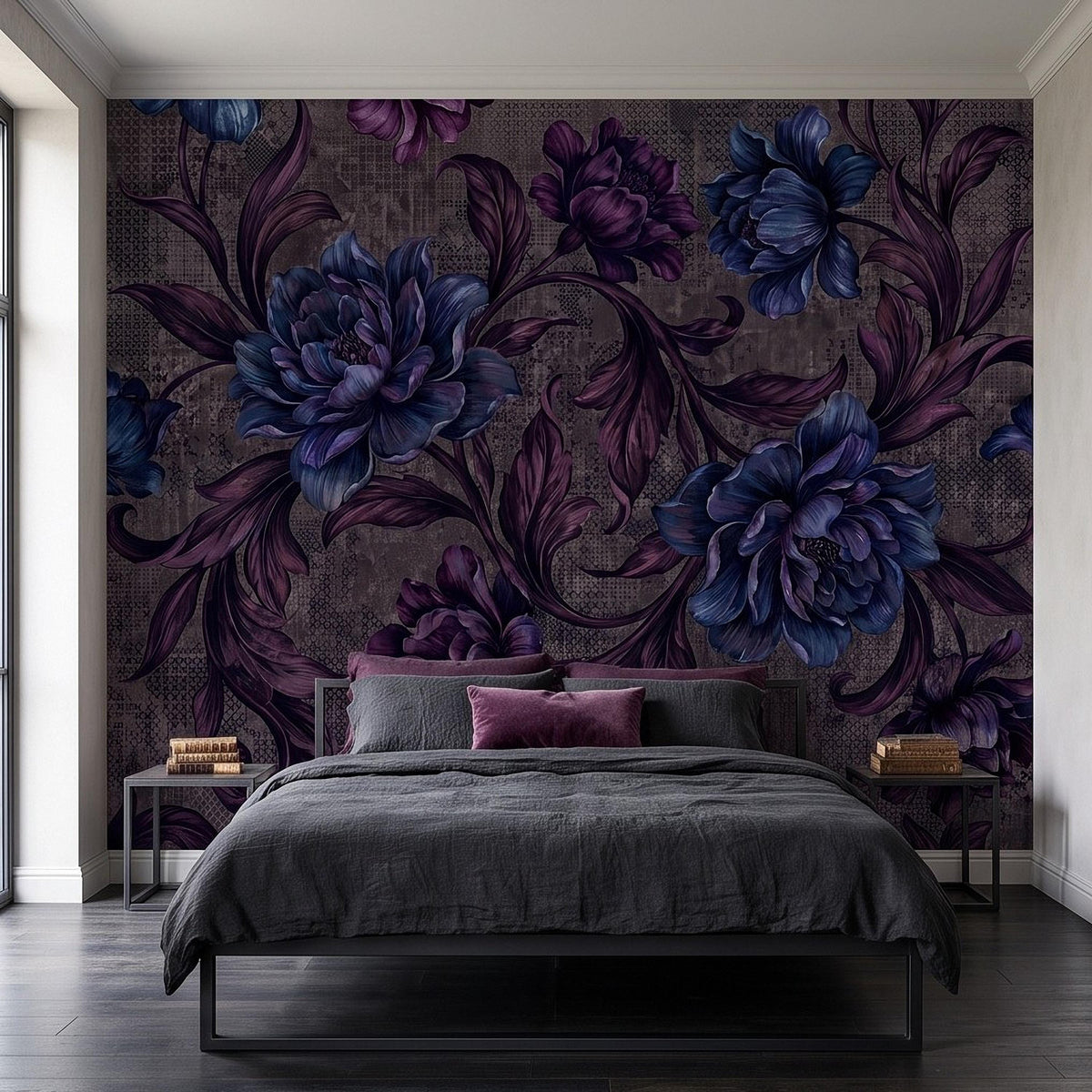 Dark Floral Peel and Stick Wall Mural, Moody Botanical Oversized Flowers Vintage Gothic Floral Dark Romantic Dramatic Botanical Wallpaper - The Fine Art Murals