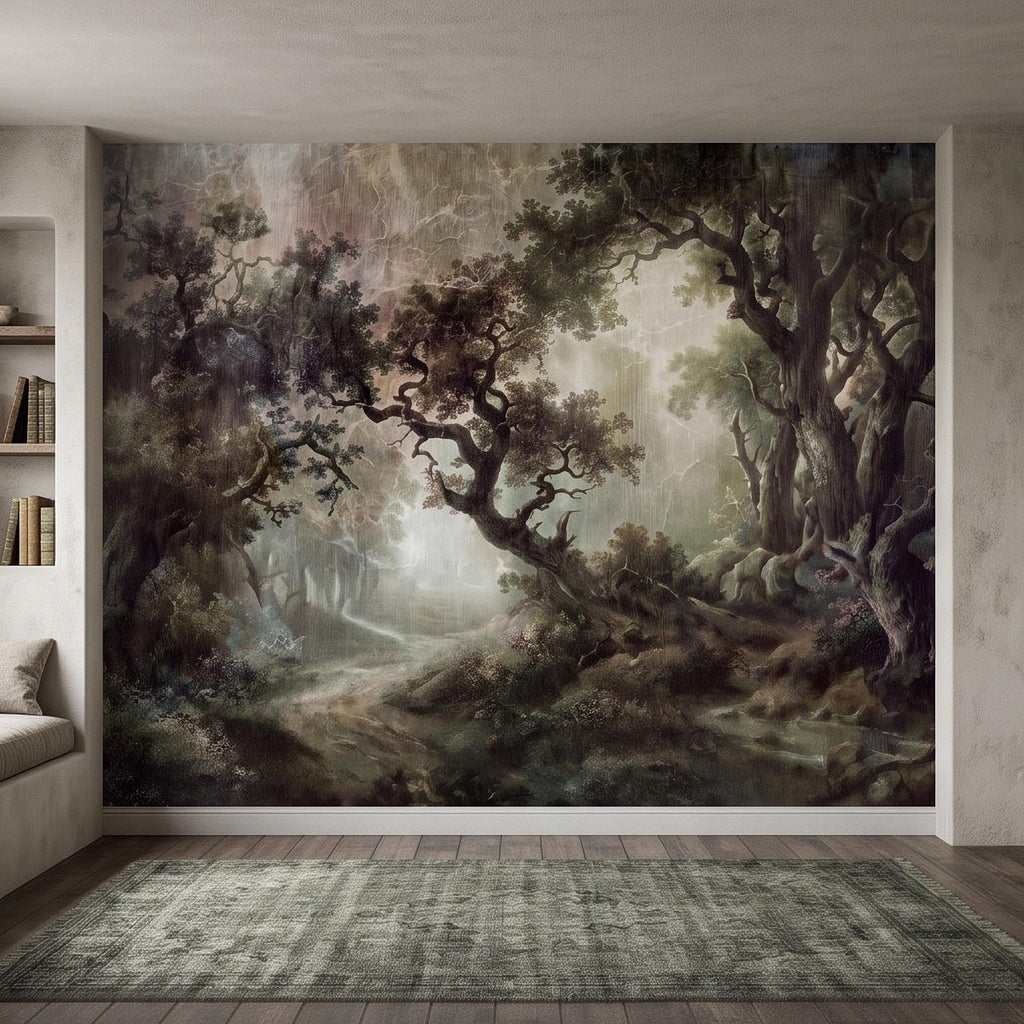 Enchanted Forest Peel and Stick Wall Mural, Mystical Dark Woodland Landscape Vintage Oil Painting Fantasy Trees Scenic Wallpaper