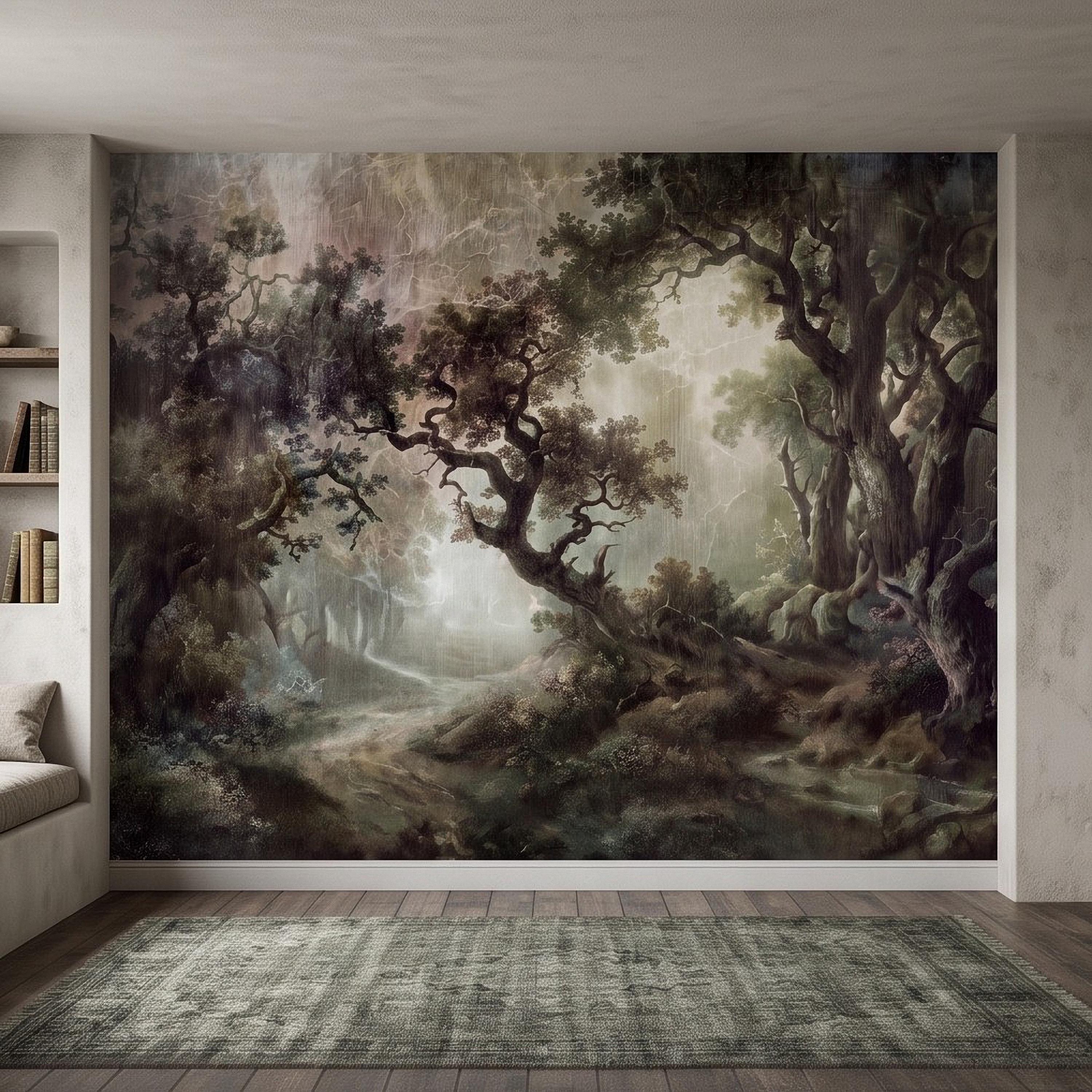 Enchanted Forest Peel and Stick Wall Mural, Mystical Dark Woodland Landscape Vintage Oil Painting Fantasy Trees Scenic Wallpaper
