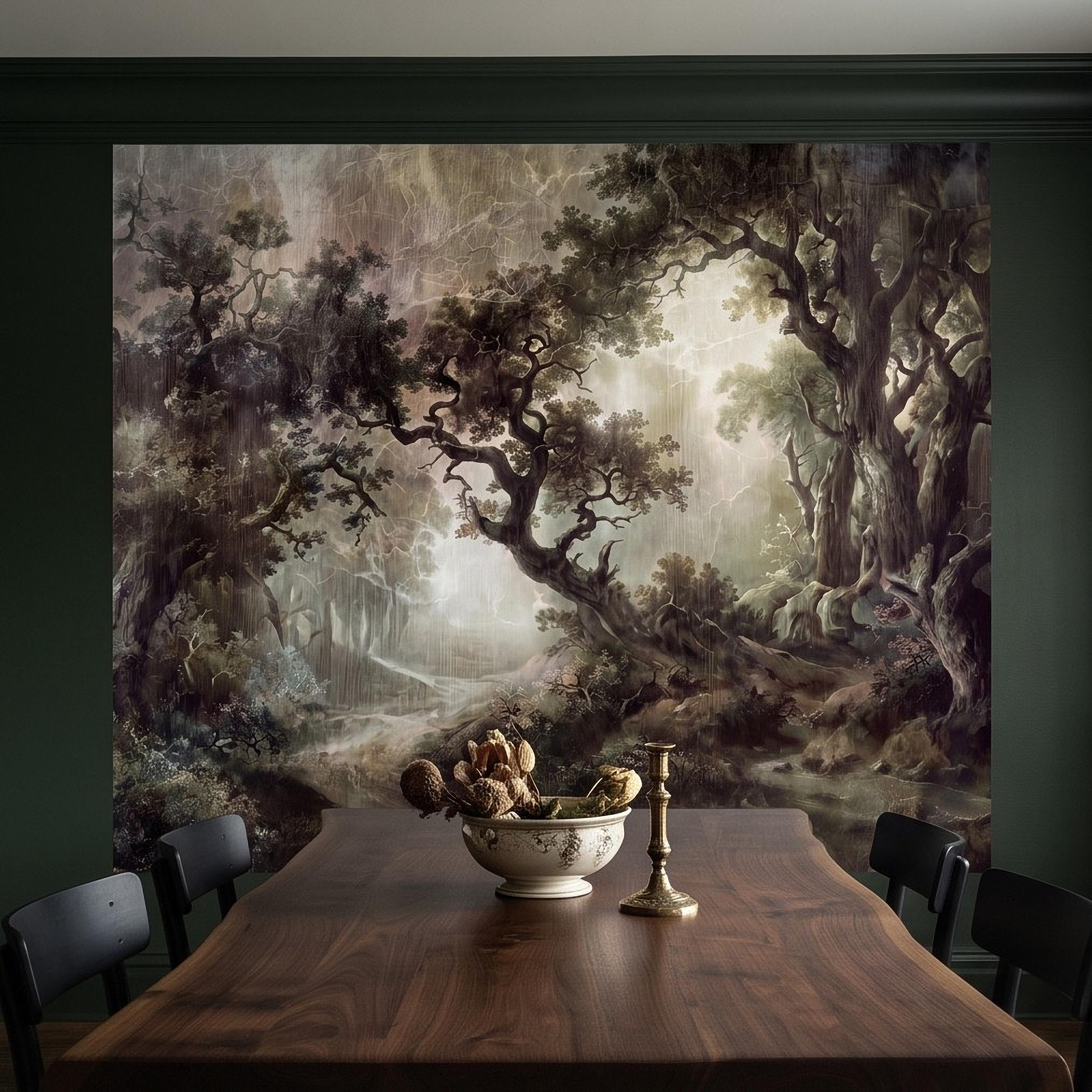 Enchanted Forest Peel and Stick Wall Mural, Mystical Dark Woodland Landscape Vintage Oil Painting Fantasy Trees Scenic Wallpaper