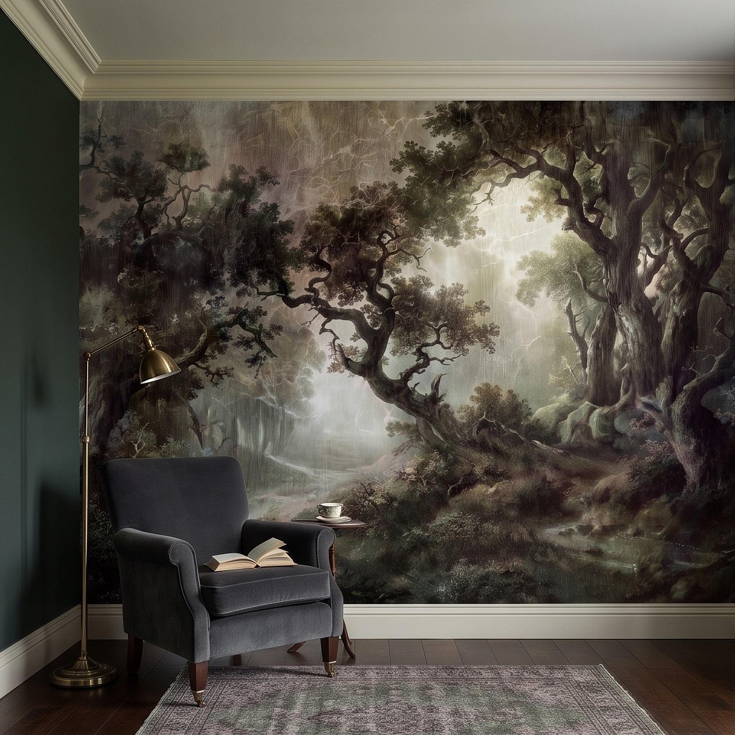Enchanted Forest Peel and Stick Wall Mural, Mystical Dark Woodland Landscape Vintage Oil Painting Fantasy Trees Scenic Wallpaper