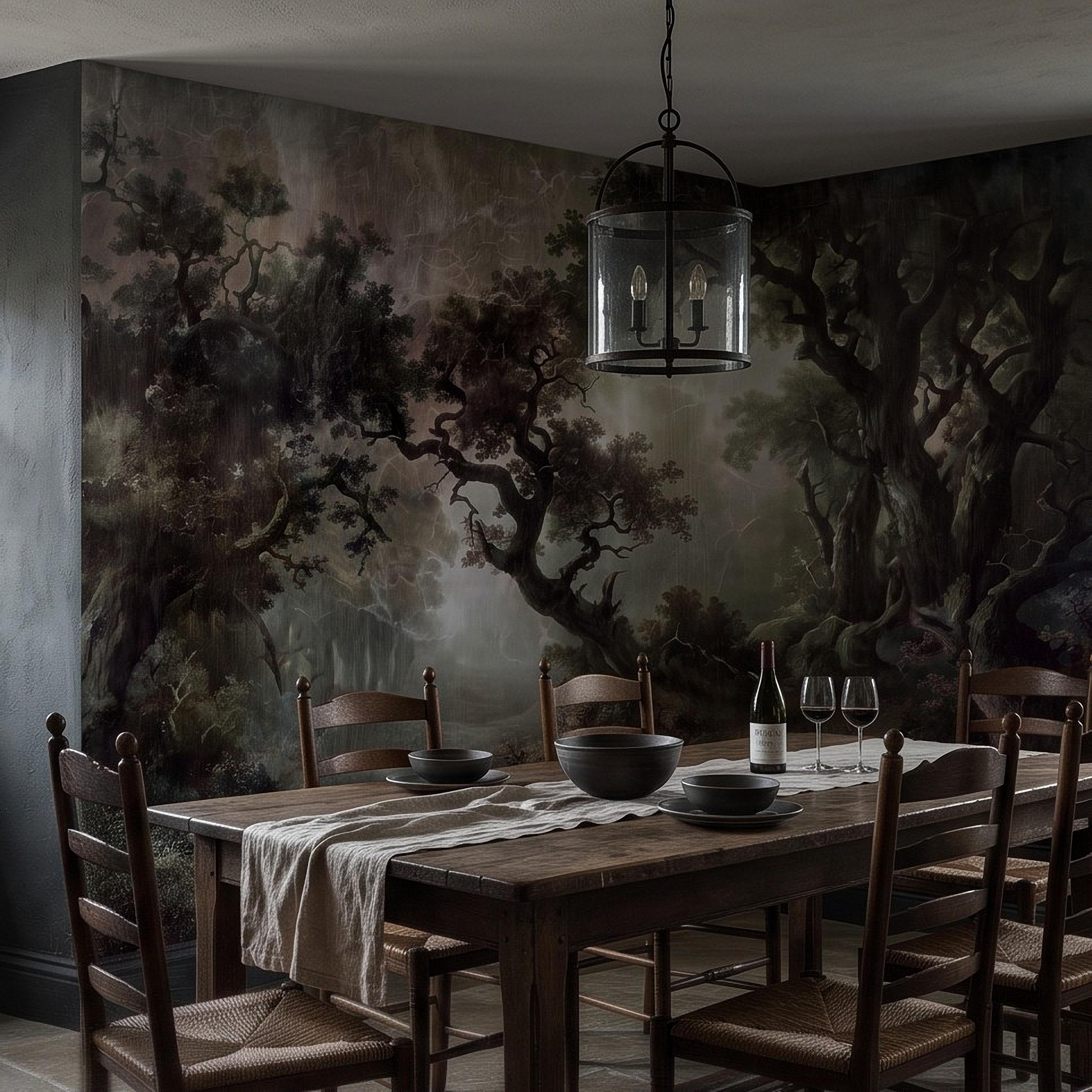 Enchanted Forest Peel and Stick Wall Mural, Mystical Dark Woodland Landscape Vintage Oil Painting Fantasy Trees Scenic Wallpaper