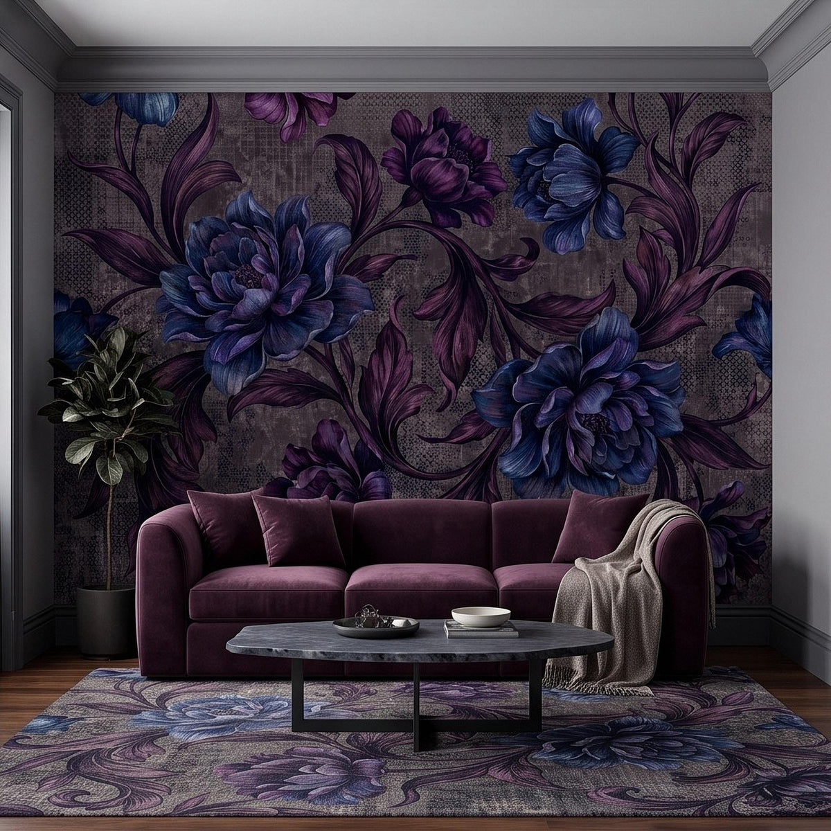 Dark Floral Peel and Stick Wall Mural, Moody Botanical Oversized Flowers Vintage Gothic Floral Dark Romantic Dramatic Botanical Wallpaper - The Fine Art Murals