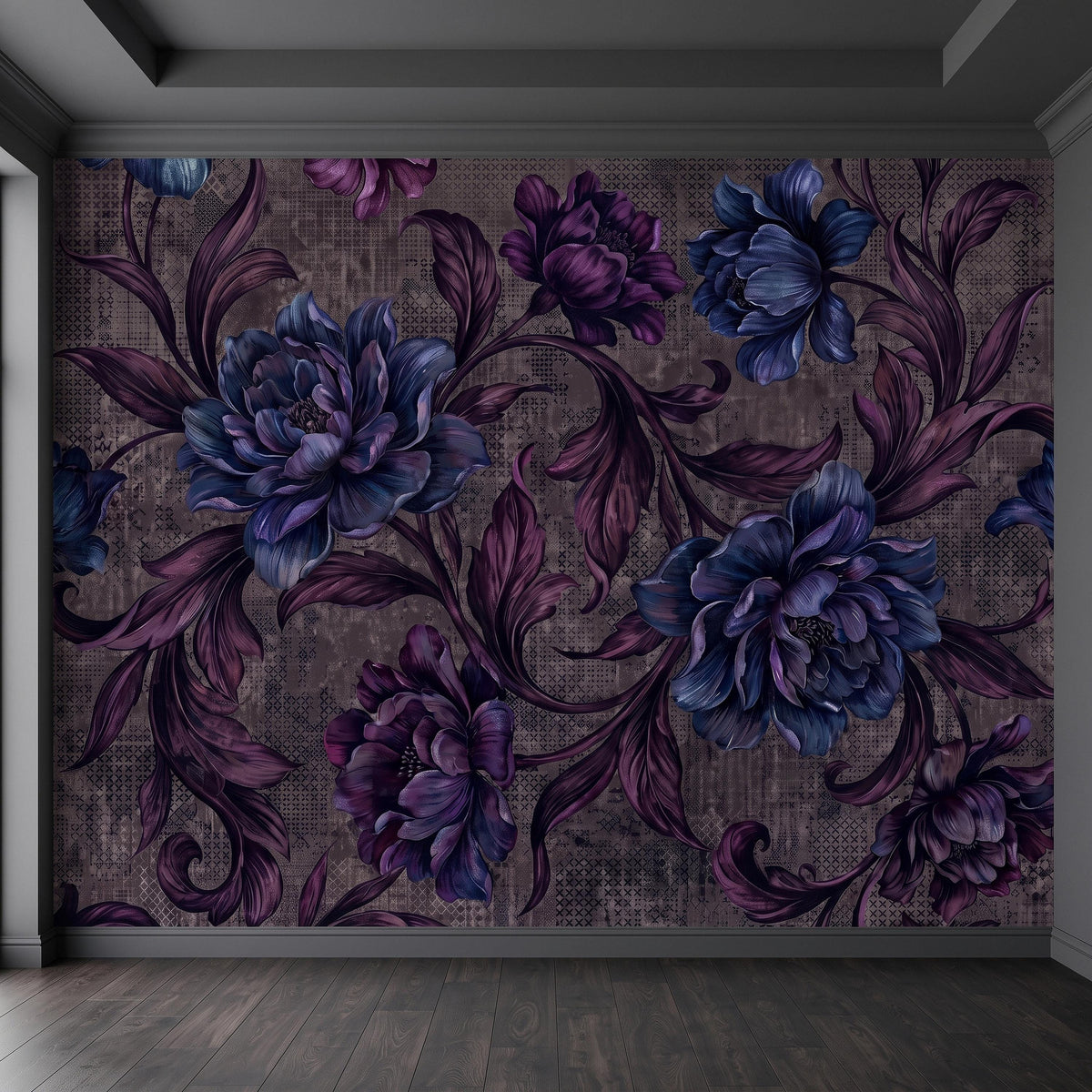 Dark Floral Peel and Stick Wall Mural, Moody Botanical Oversized Flowers Vintage Gothic Floral Dark Romantic Dramatic Botanical Wallpaper - The Fine Art Murals