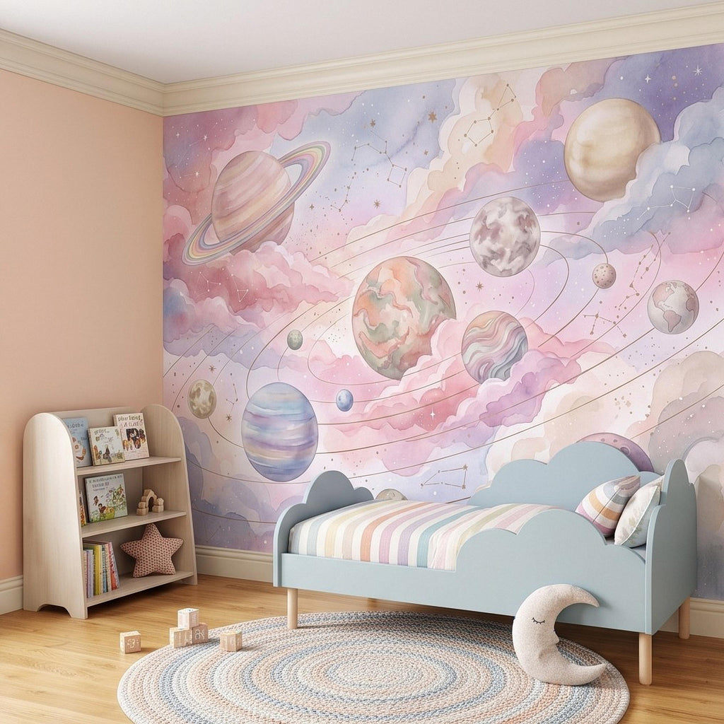 Dreamy Celestial Peel and Stick Wall Mural, Pastel Watercolor Planets Pink Clouds Stars Space Girls Nursery Whimsical Cosmic Wallpaper