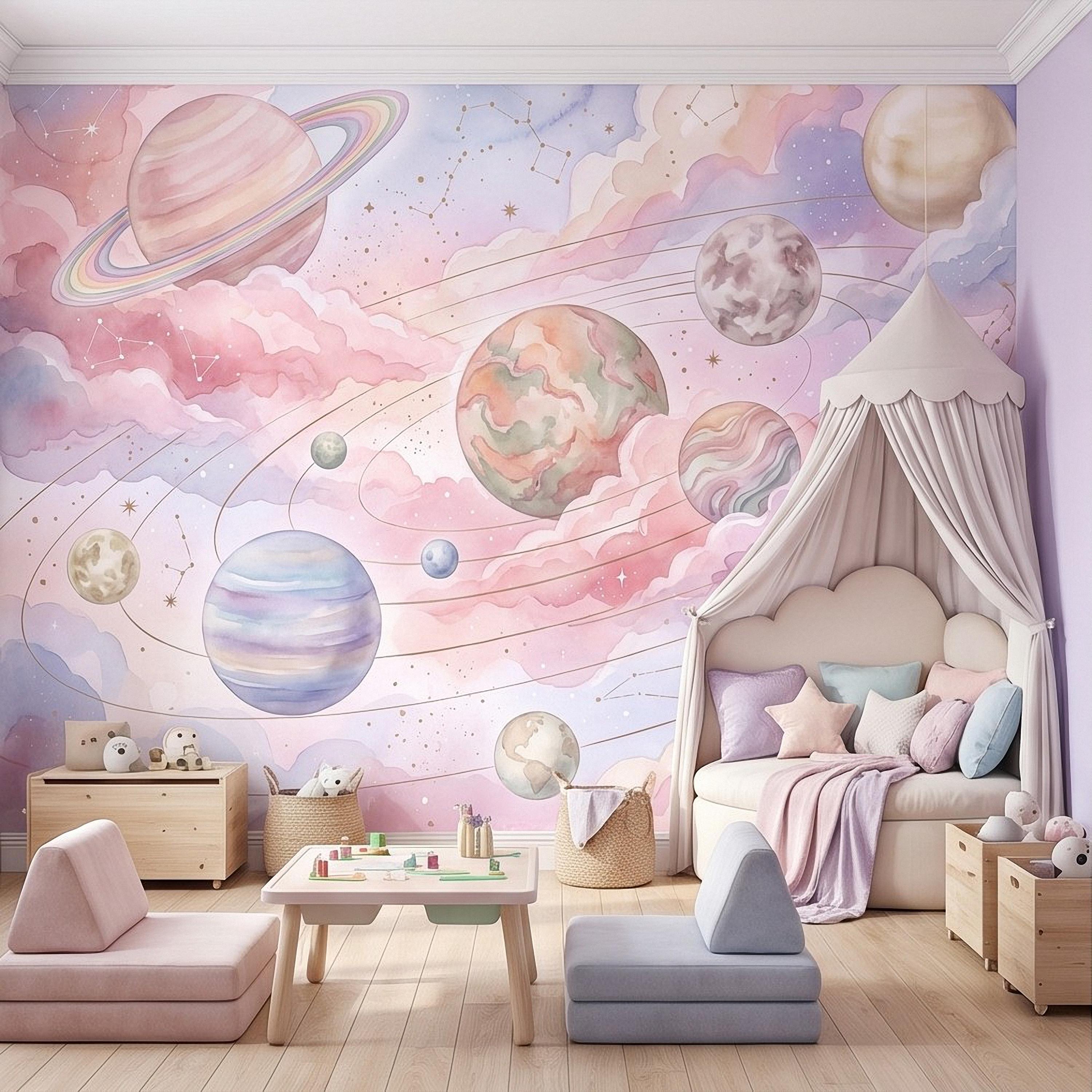 Dreamy Celestial Peel and Stick Wall Mural, Pastel Watercolor Planets Pink Clouds Stars Space Girls Nursery Whimsical Cosmic Wallpaper
