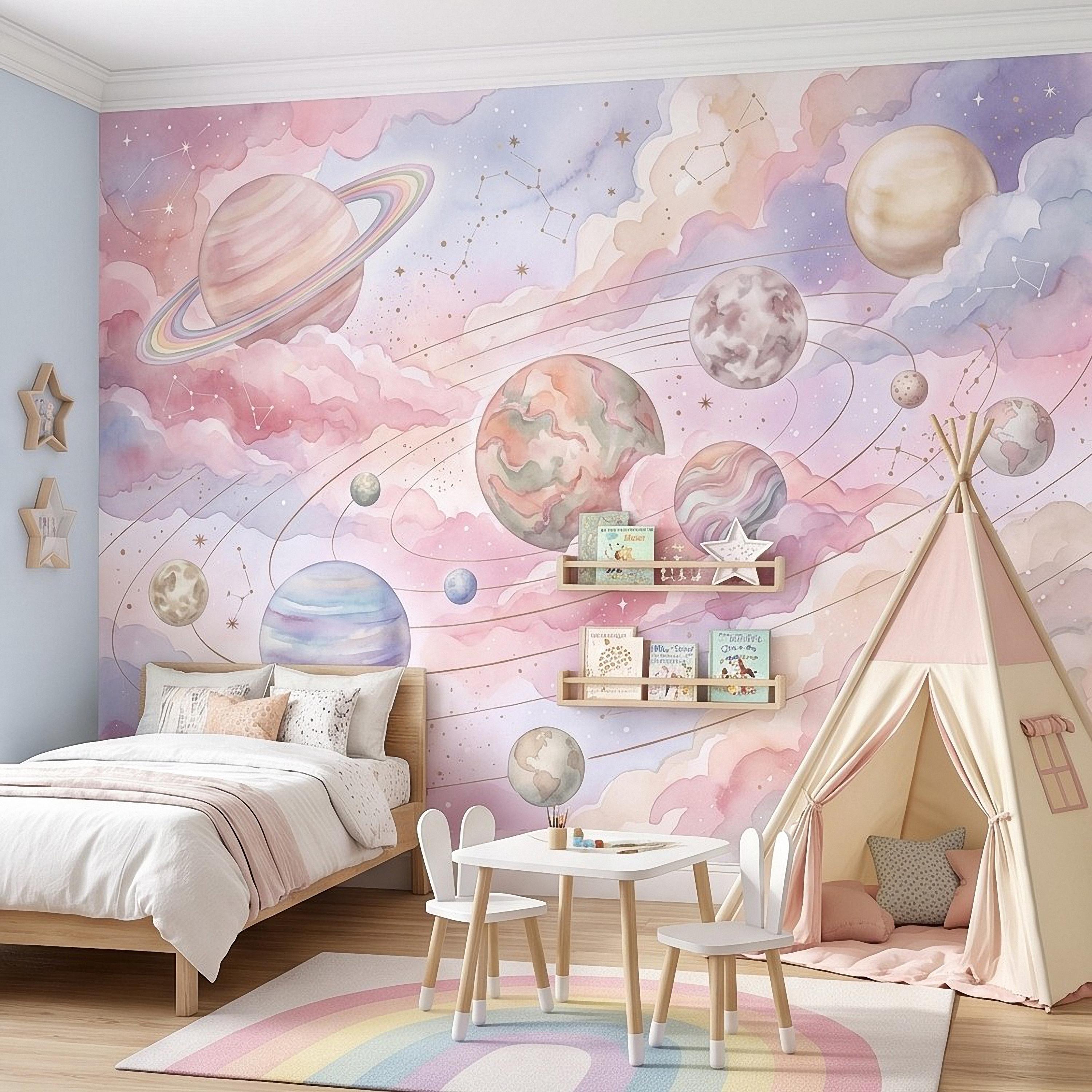 Dreamy Celestial Peel and Stick Wall Mural, Pastel Watercolor Planets Pink Clouds Stars Space Girls Nursery Whimsical Cosmic Wallpaper