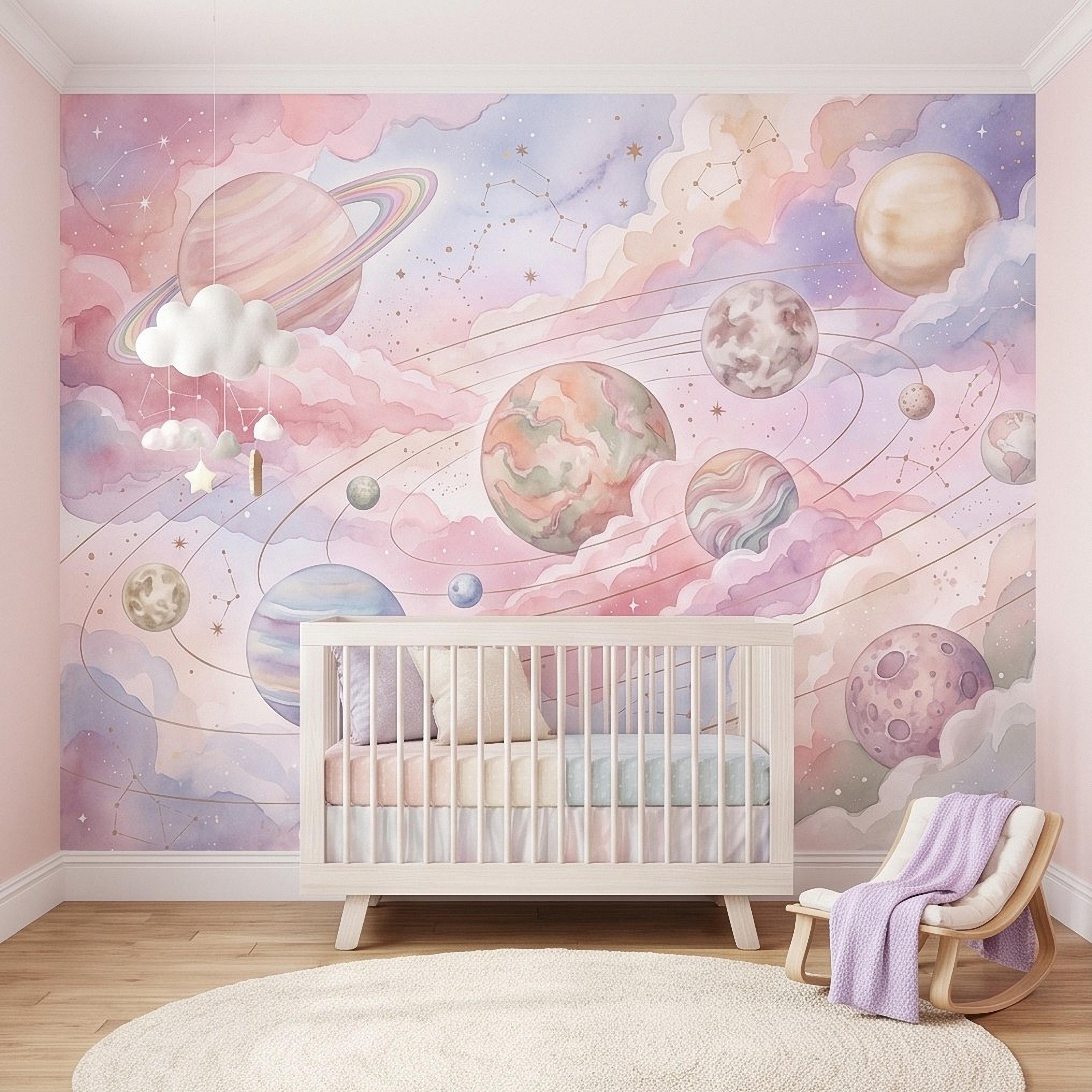 Dreamy Celestial Peel and Stick Wall Mural, Pastel Watercolor Planets Pink Clouds Stars Space Girls Nursery Whimsical Cosmic Wallpaper