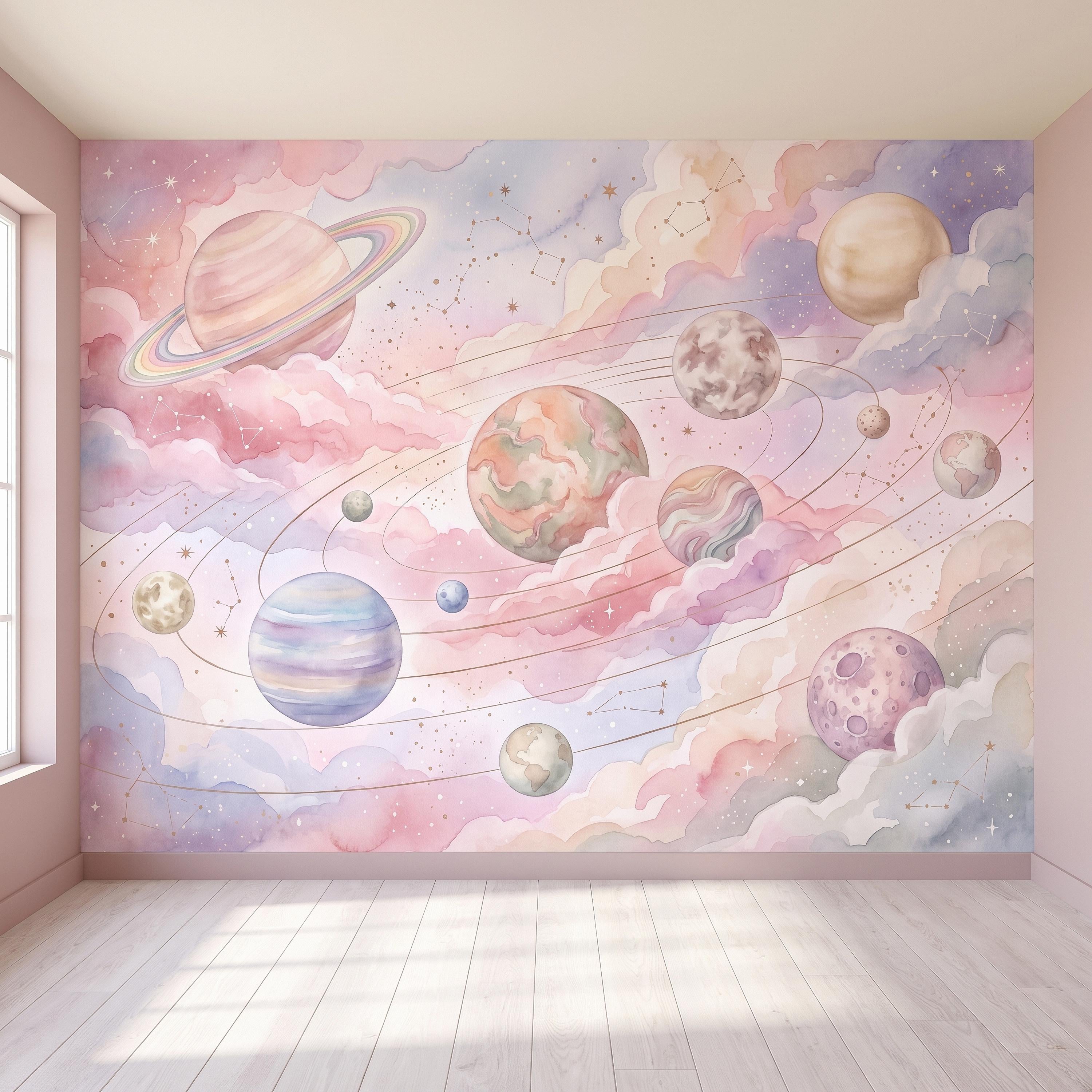 Dreamy Celestial Peel and Stick Wall Mural, Pastel Watercolor Planets Pink Clouds Stars Space Girls Nursery Whimsical Cosmic Wallpaper