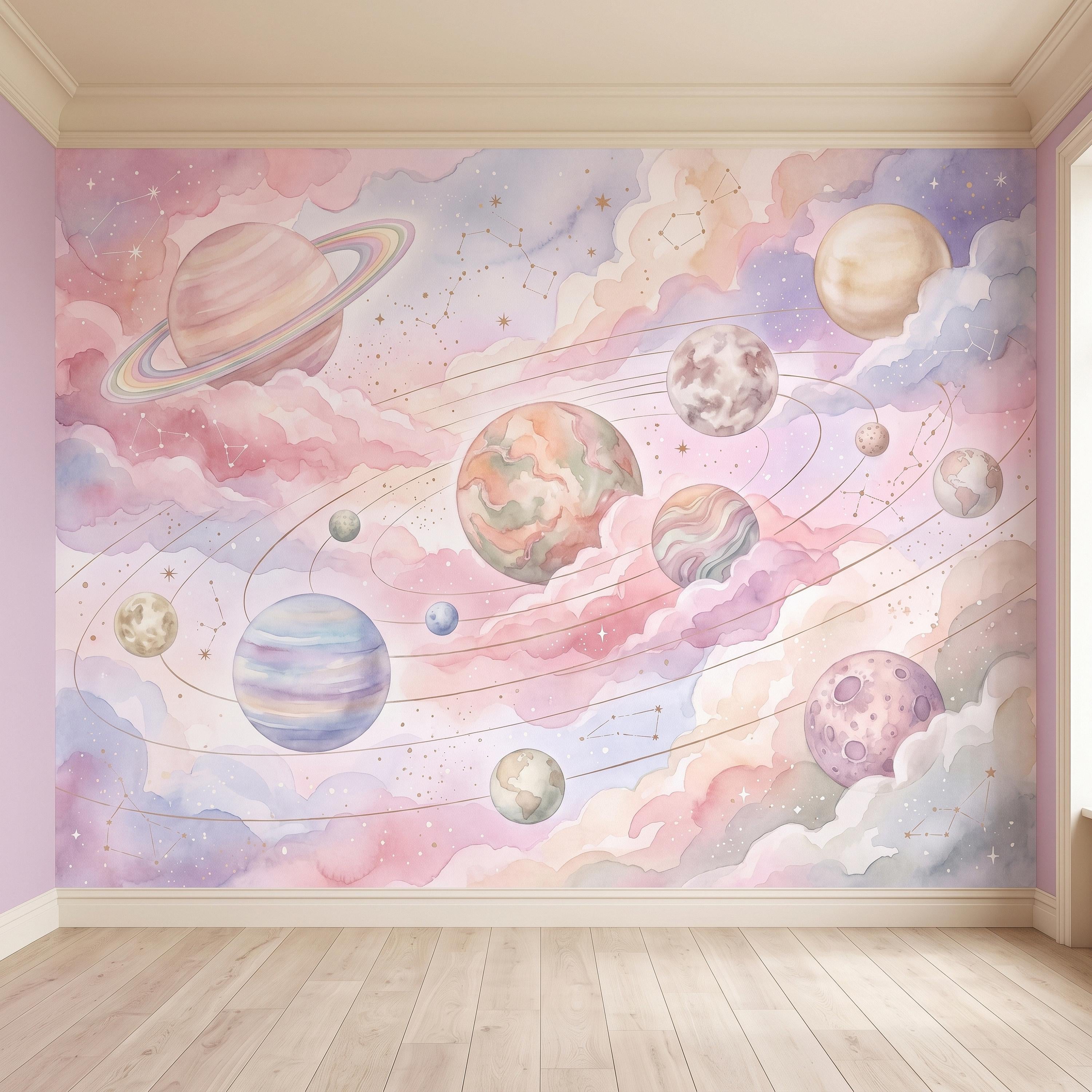 Dreamy Celestial Peel and Stick Wall Mural, Pastel Watercolor Planets Pink Clouds Stars Space Girls Nursery Whimsical Cosmic Wallpaper