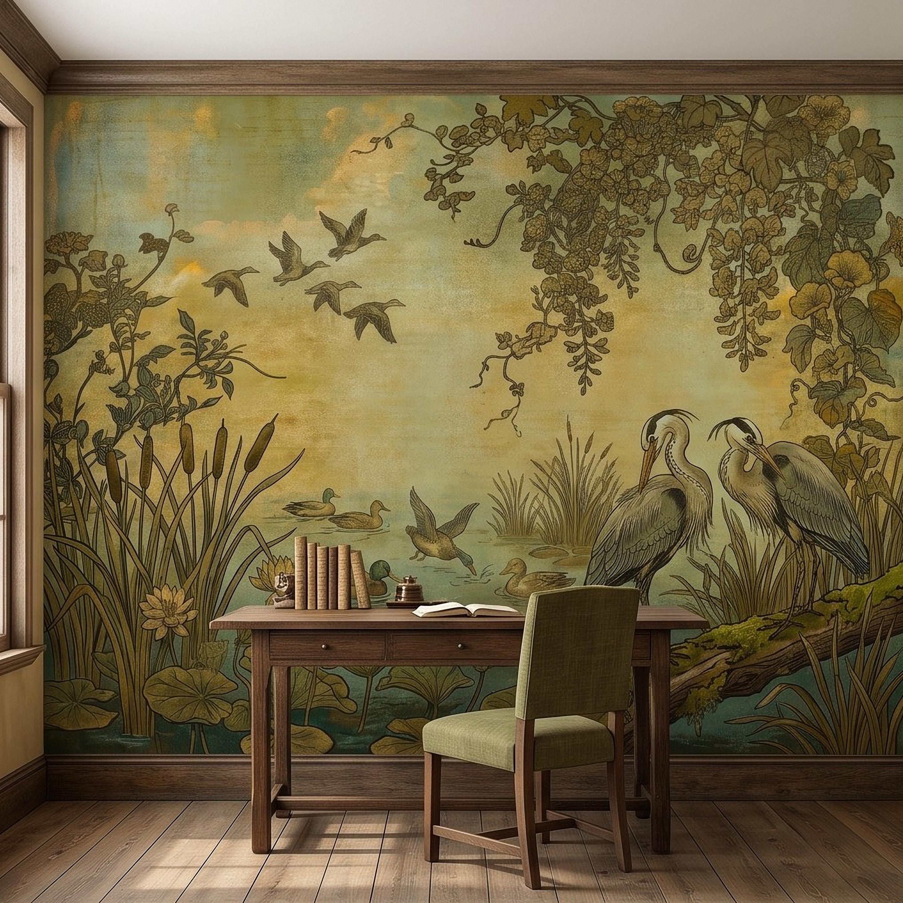 Heron and Waterfowl Peel and Stick Wall Mural, Vintage Botanical Wetland Lotus Flowers Marsh Birds Antique Nature Chinoiserie Wallpaper