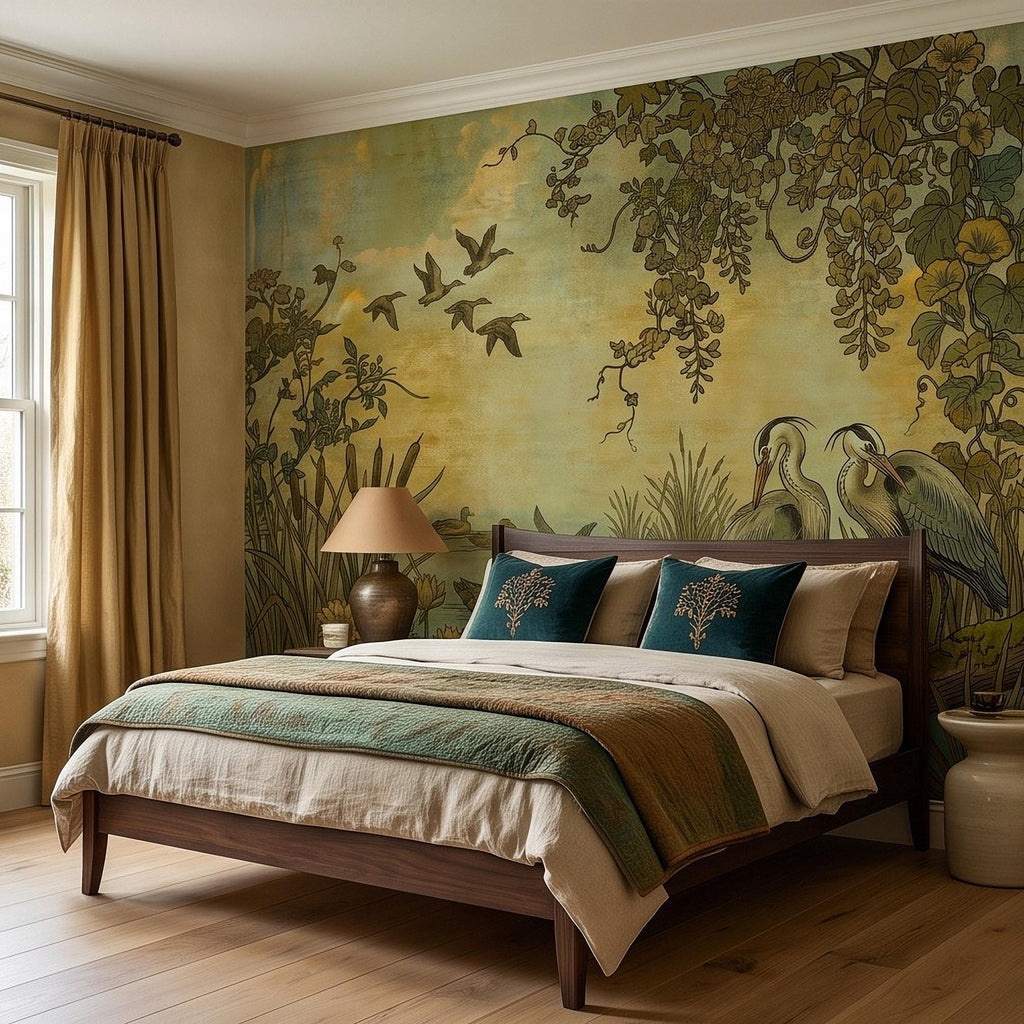 Heron and Waterfowl Peel and Stick Wall Mural, Vintage Botanical Wetland Lotus Flowers Marsh Birds Antique Nature Chinoiserie Wallpaper