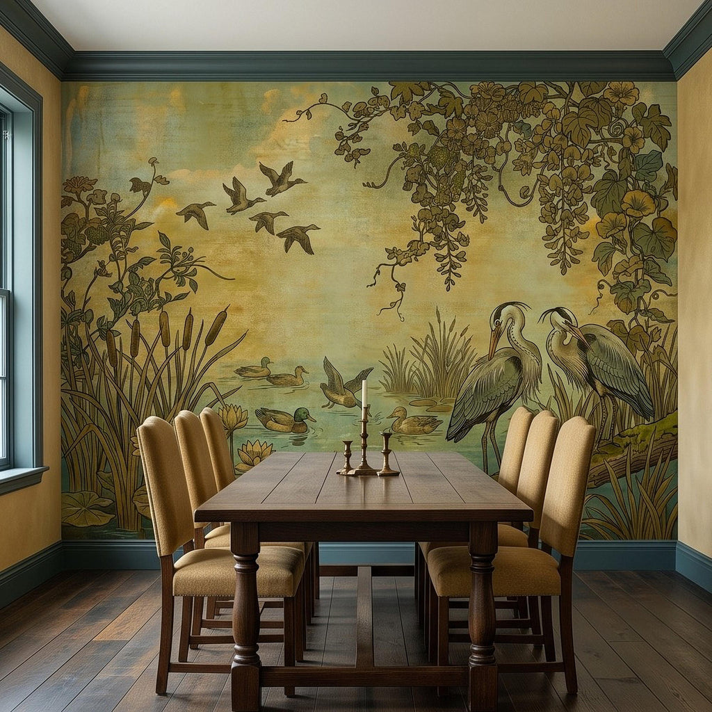 Heron and Waterfowl Peel and Stick Wall Mural, Vintage Botanical Wetland Lotus Flowers Marsh Birds Antique Nature Chinoiserie Wallpaper