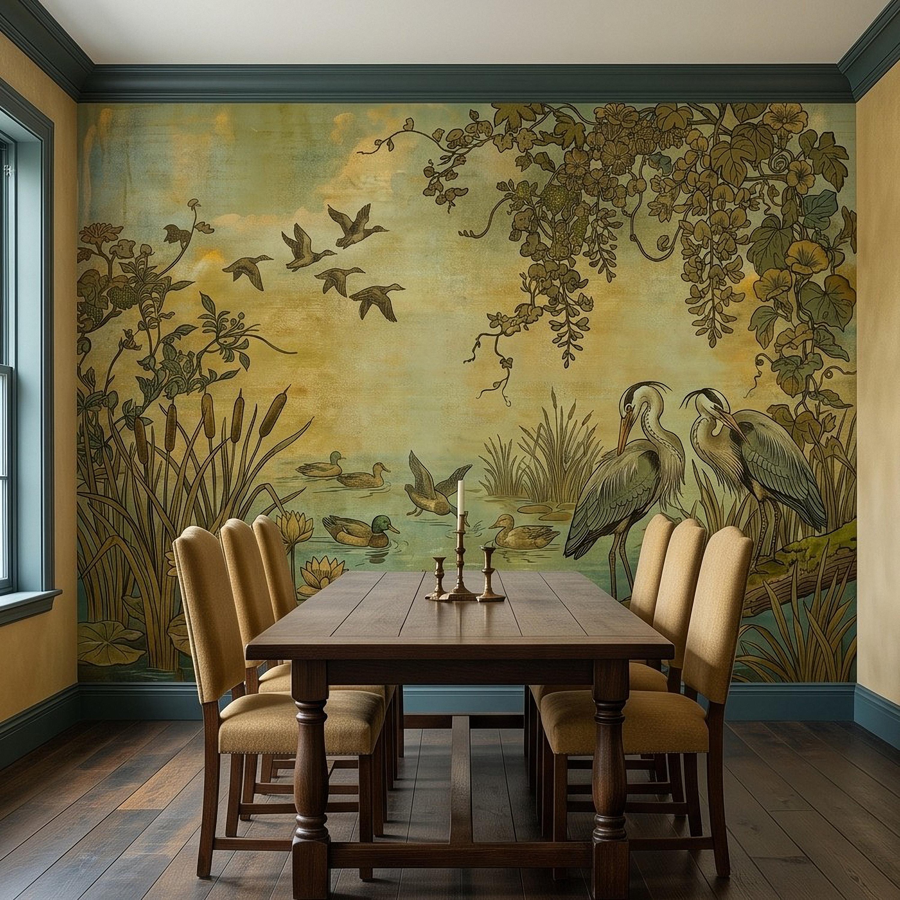 Heron and Waterfowl Peel and Stick Wall Mural, Vintage Botanical Wetland Lotus Flowers Marsh Birds Antique Nature Chinoiserie Wallpaper