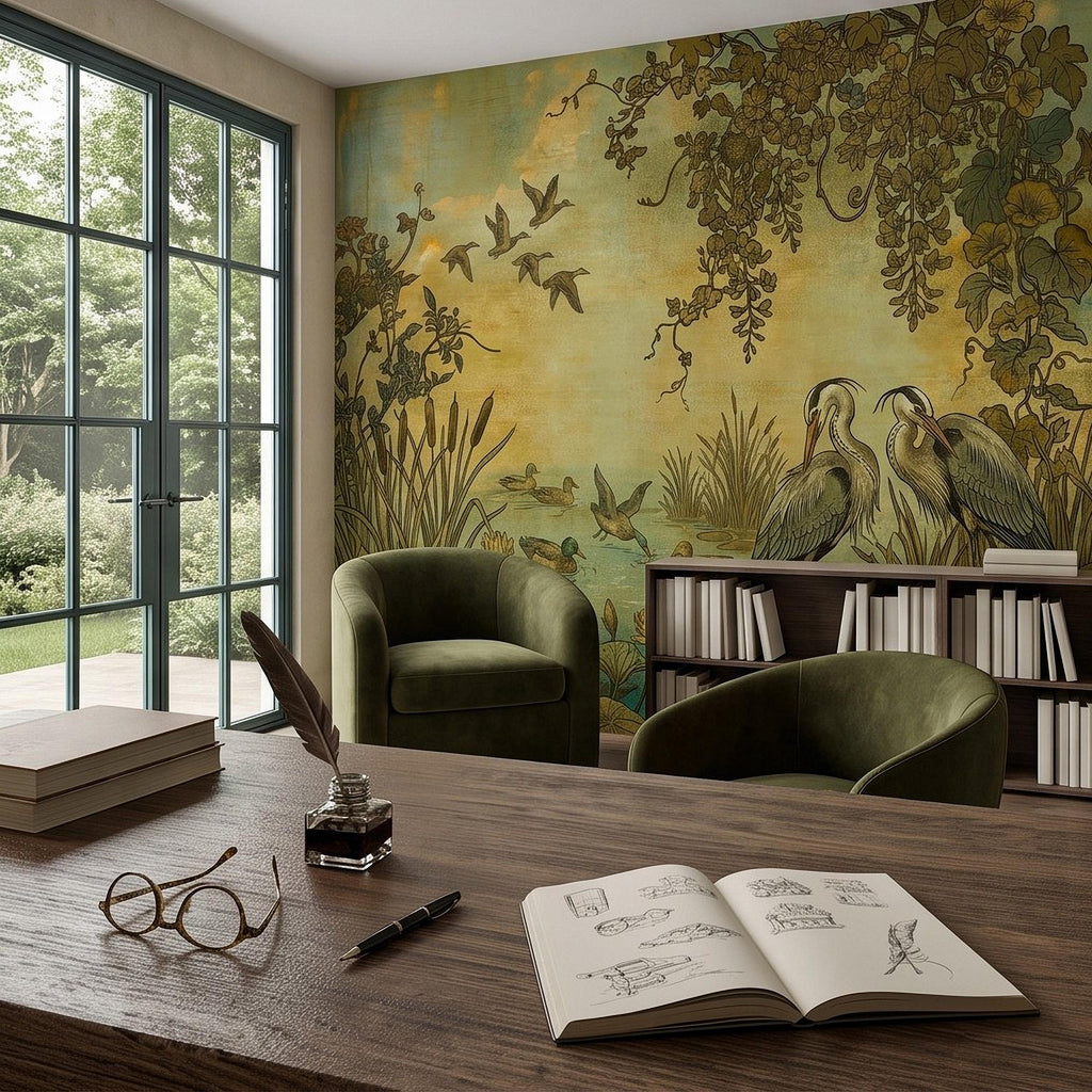 Heron and Waterfowl Peel and Stick Wall Mural, Vintage Botanical Wetland Lotus Flowers Marsh Birds Antique Nature Chinoiserie Wallpaper