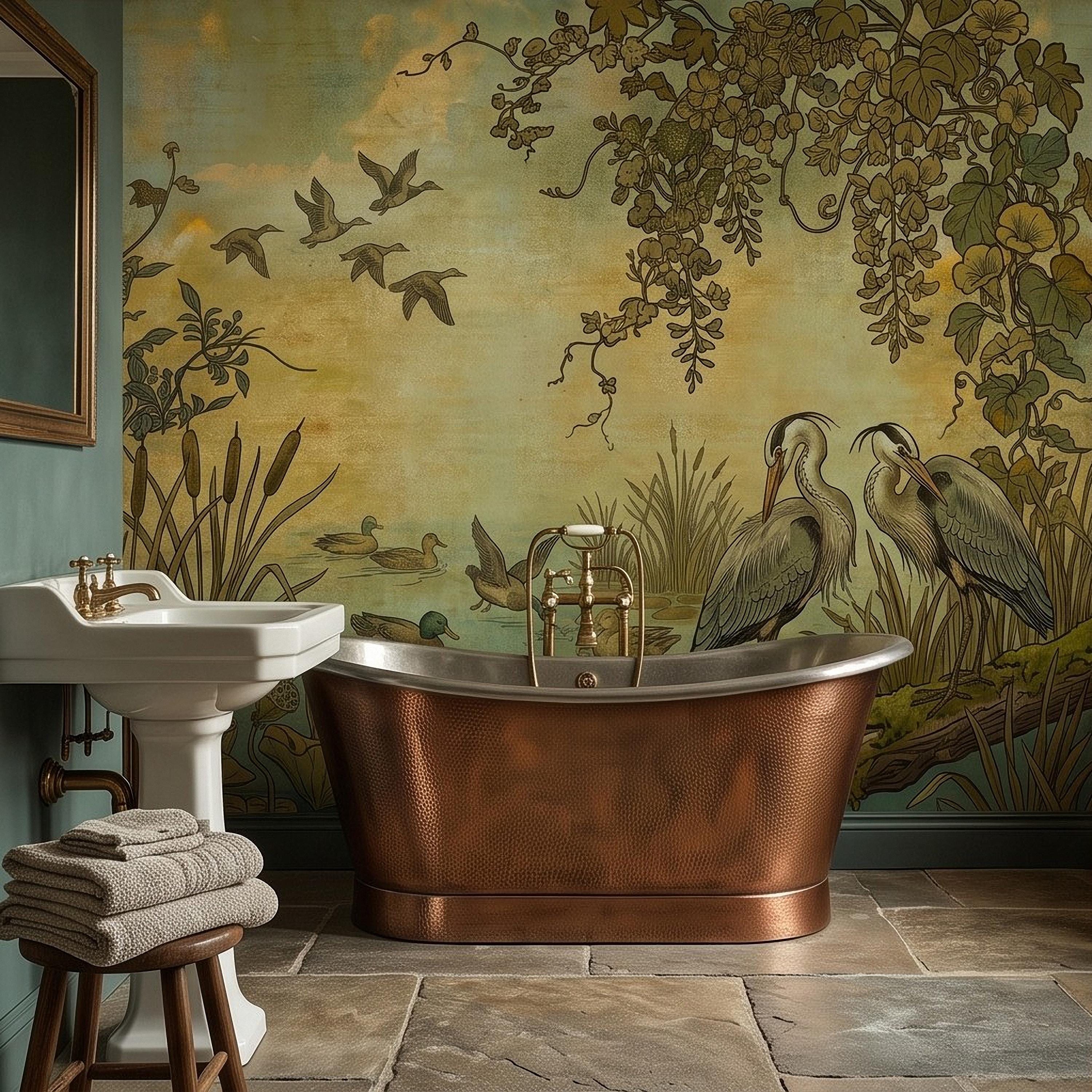 Heron and Waterfowl Peel and Stick Wall Mural, Vintage Botanical Wetland Lotus Flowers Marsh Birds Antique Nature Chinoiserie Wallpaper