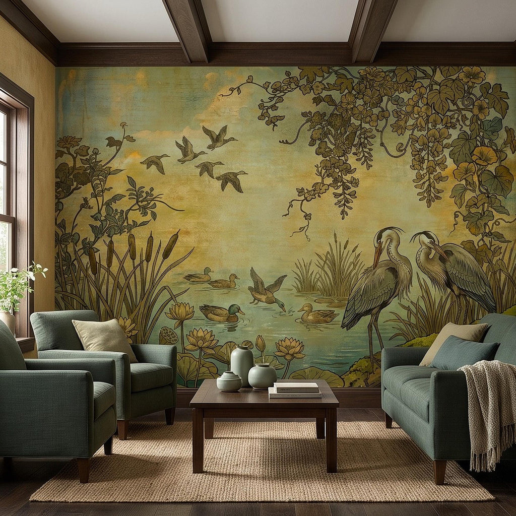 Heron and Waterfowl Peel and Stick Wall Mural, Vintage Botanical Wetland Lotus Flowers Marsh Birds Antique Nature Chinoiserie Wallpaper