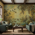 Heron and Waterfowl Peel and Stick Wall Mural, Vintage Botanical Wetland Lotus Flowers Marsh Birds Antique Nature Chinoiserie Wallpaper