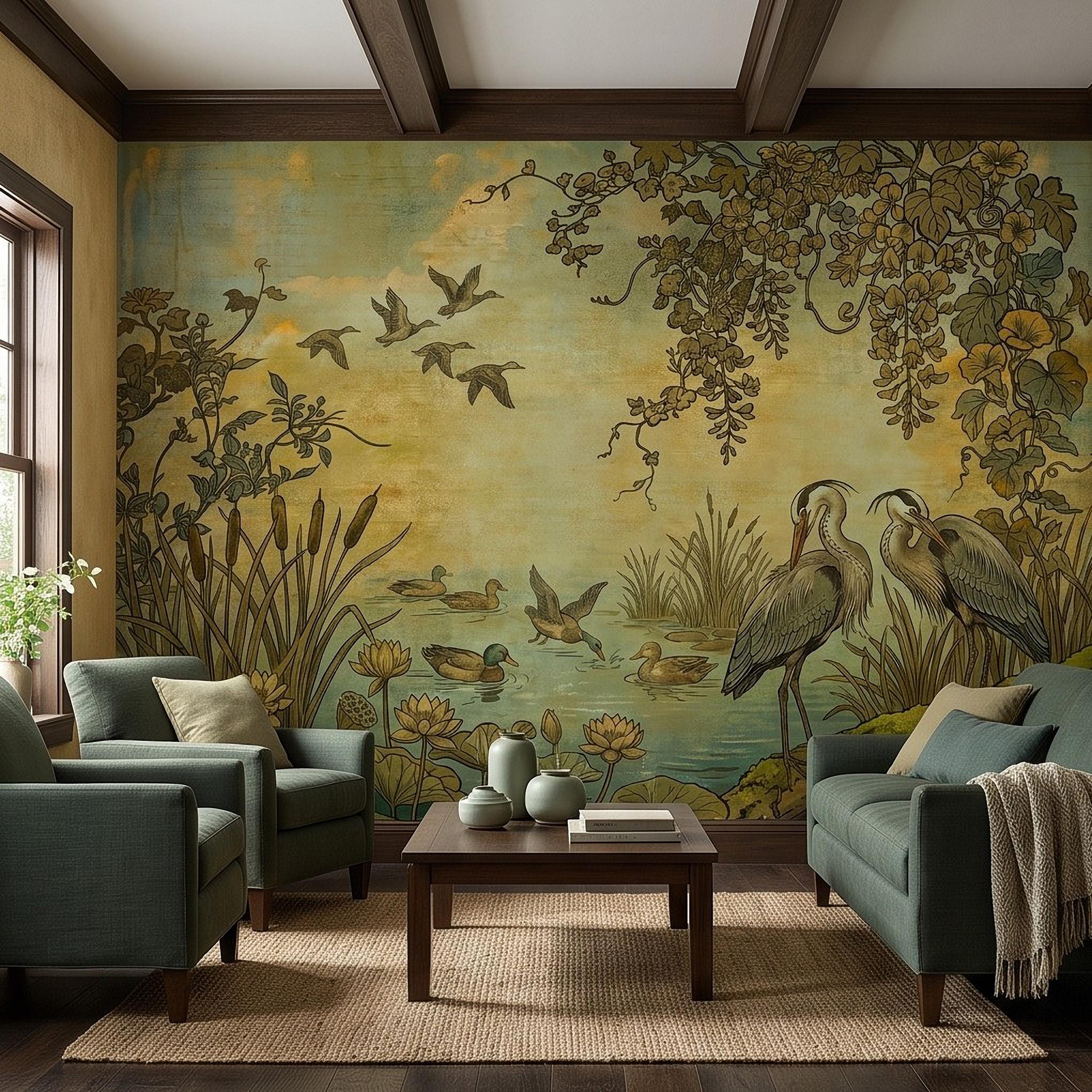 Heron and Waterfowl Peel and Stick Wall Mural, Vintage Botanical Wetland Lotus Flowers Marsh Birds Antique Nature Chinoiserie Wallpaper