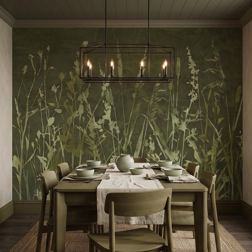 Olive Green Wildflower Peel and Stick Wall Mural, Botanical Meadow Grasses Watercolor Silhouettes Earthy Nature Modern Rustic Wallpaper