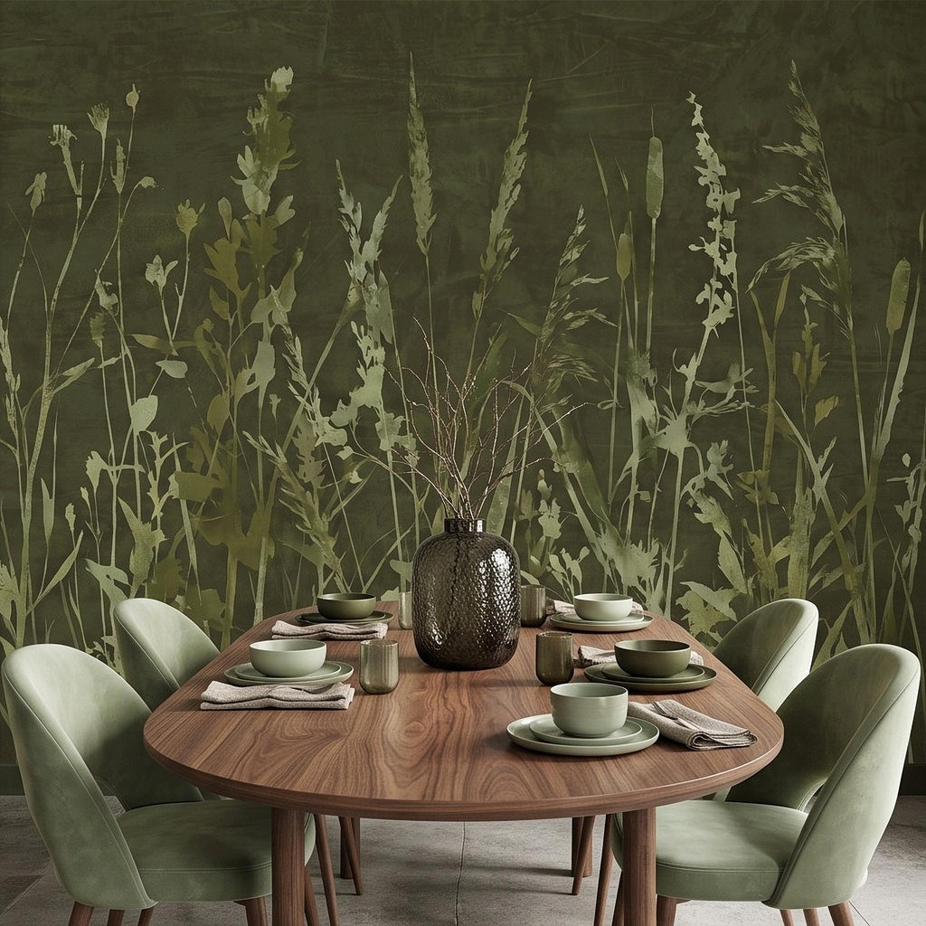 Olive Green Wildflower Peel and Stick Wall Mural, Botanical Meadow Grasses Watercolor Silhouettes Earthy Nature Modern Rustic Wallpaper
