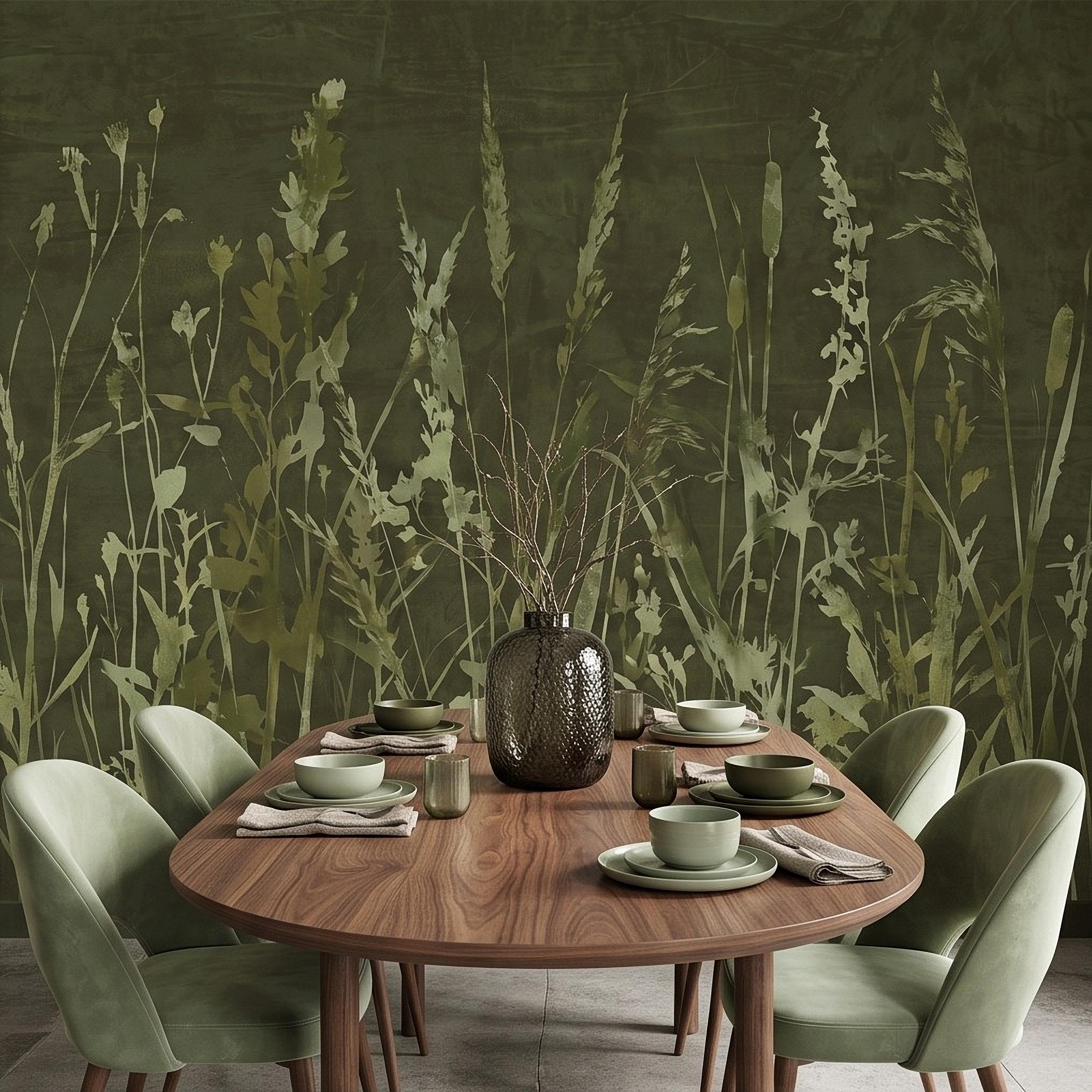 Olive Green Wildflower Peel and Stick Wall Mural, Botanical Meadow Grasses Watercolor Silhouettes Earthy Nature Modern Rustic Wallpaper