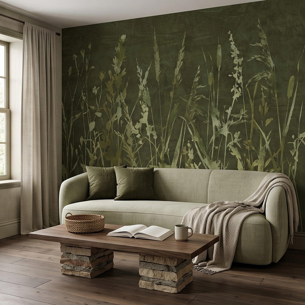 Olive Green Wildflower Peel and Stick Wall Mural, Botanical Meadow Grasses Watercolor Silhouettes Earthy Nature Modern Rustic Wallpaper