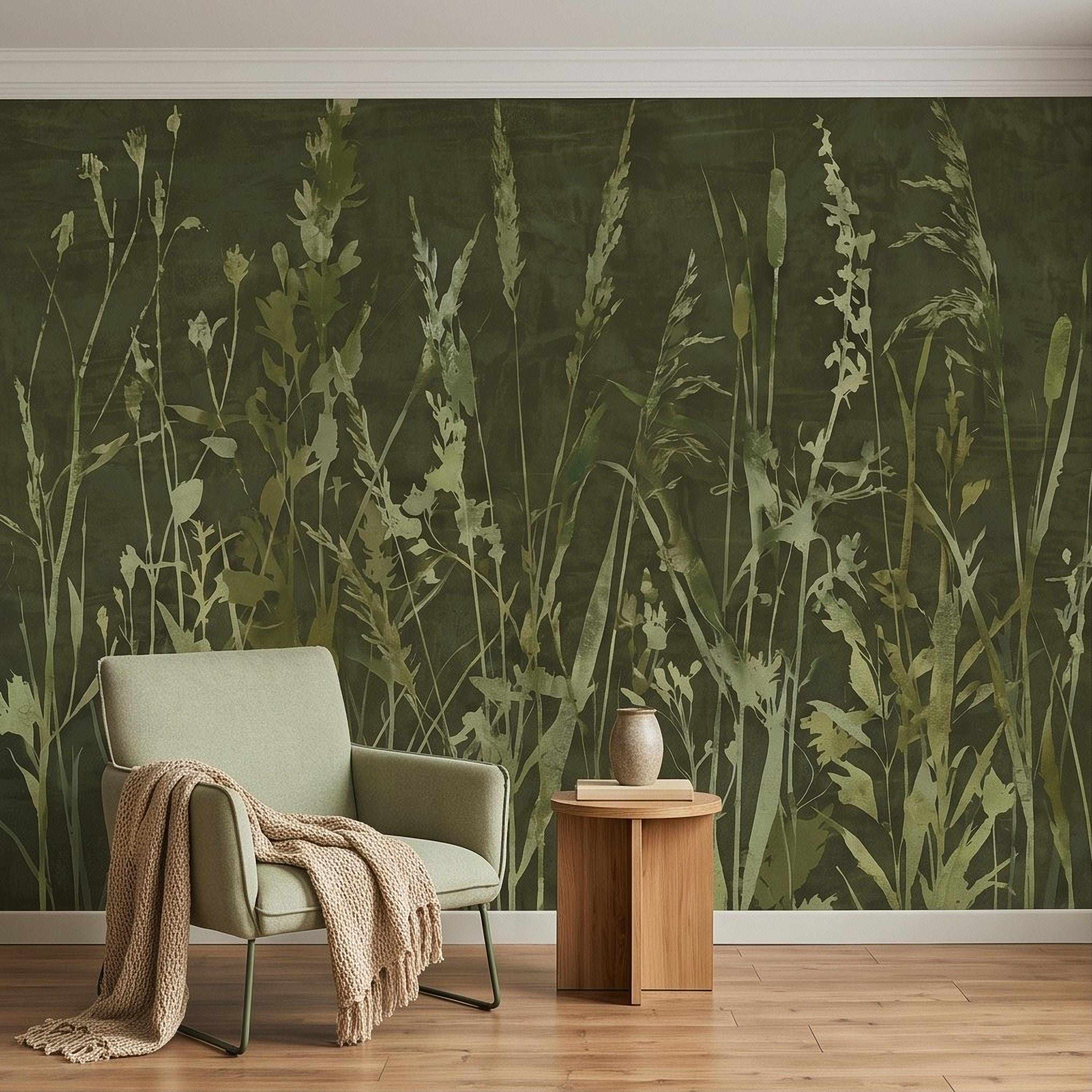 Olive Green Wildflower Peel and Stick Wall Mural, Botanical Meadow Grasses Watercolor Silhouettes Earthy Nature Modern Rustic Wallpaper