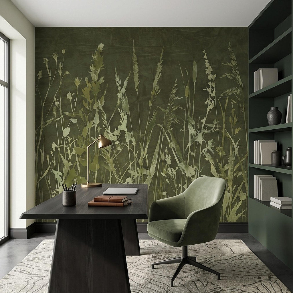 Olive Green Wildflower Peel and Stick Wall Mural, Botanical Meadow Grasses Watercolor Silhouettes Earthy Nature Modern Rustic Wallpaper