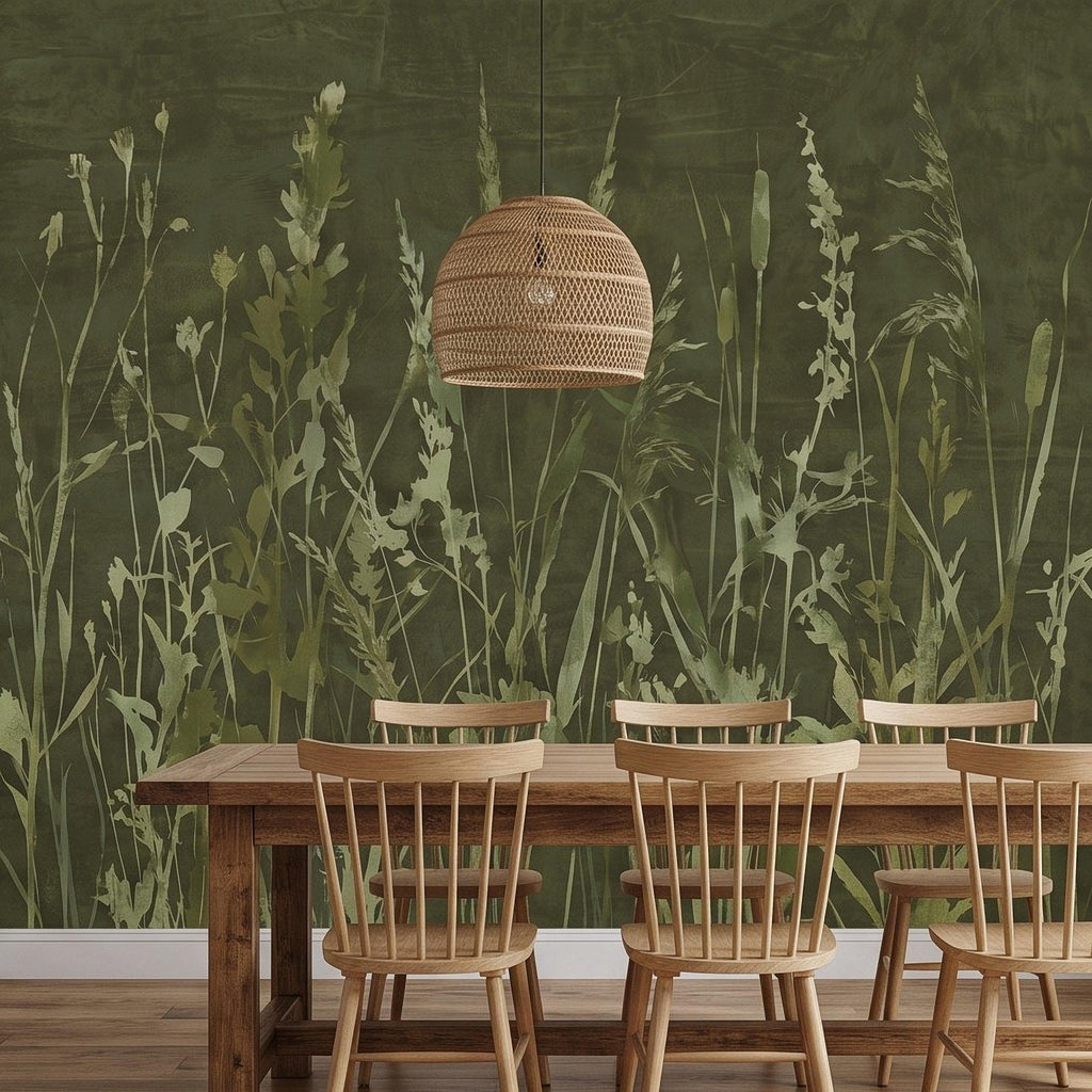 Olive Green Wildflower Peel and Stick Wall Mural, Botanical Meadow Grasses Watercolor Silhouettes Earthy Nature Modern Rustic Wallpaper